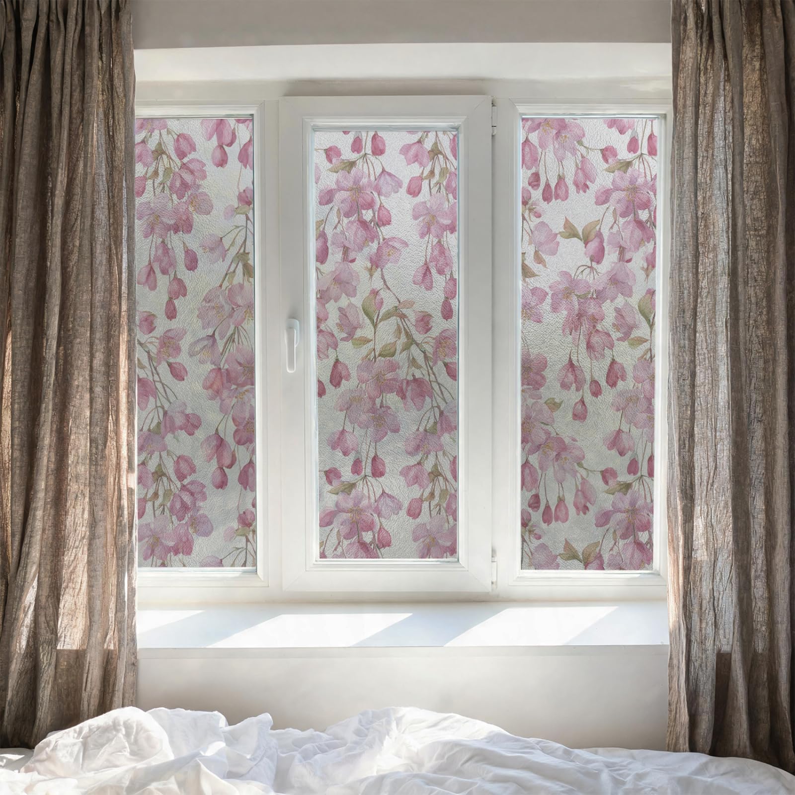 Window Film Privacy Pink Flower Vine Privacy Film for Glass Windows No Glue Static Cling Vinyl Covering Window Stickers for Bathroom Home and Office 43x200 cm