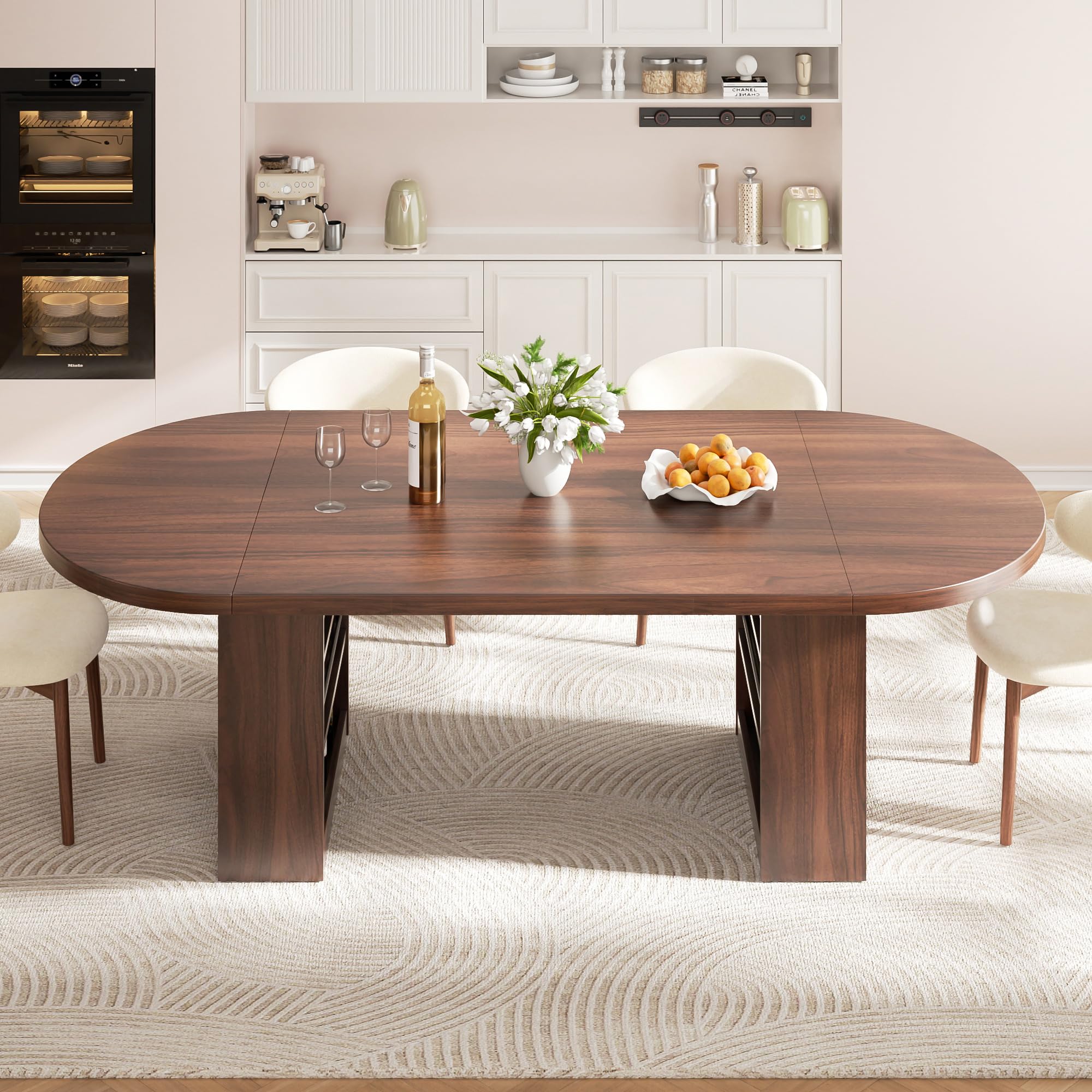 Jocoevol Esstisch 180x80 cm Oval, Massiver Küchentisch mit Stauraum in Seitenschränken, Esszimmertisch für 6-8 Personen, Robust bis 180 kg für Küchen und Esszimmer, Nussbaum