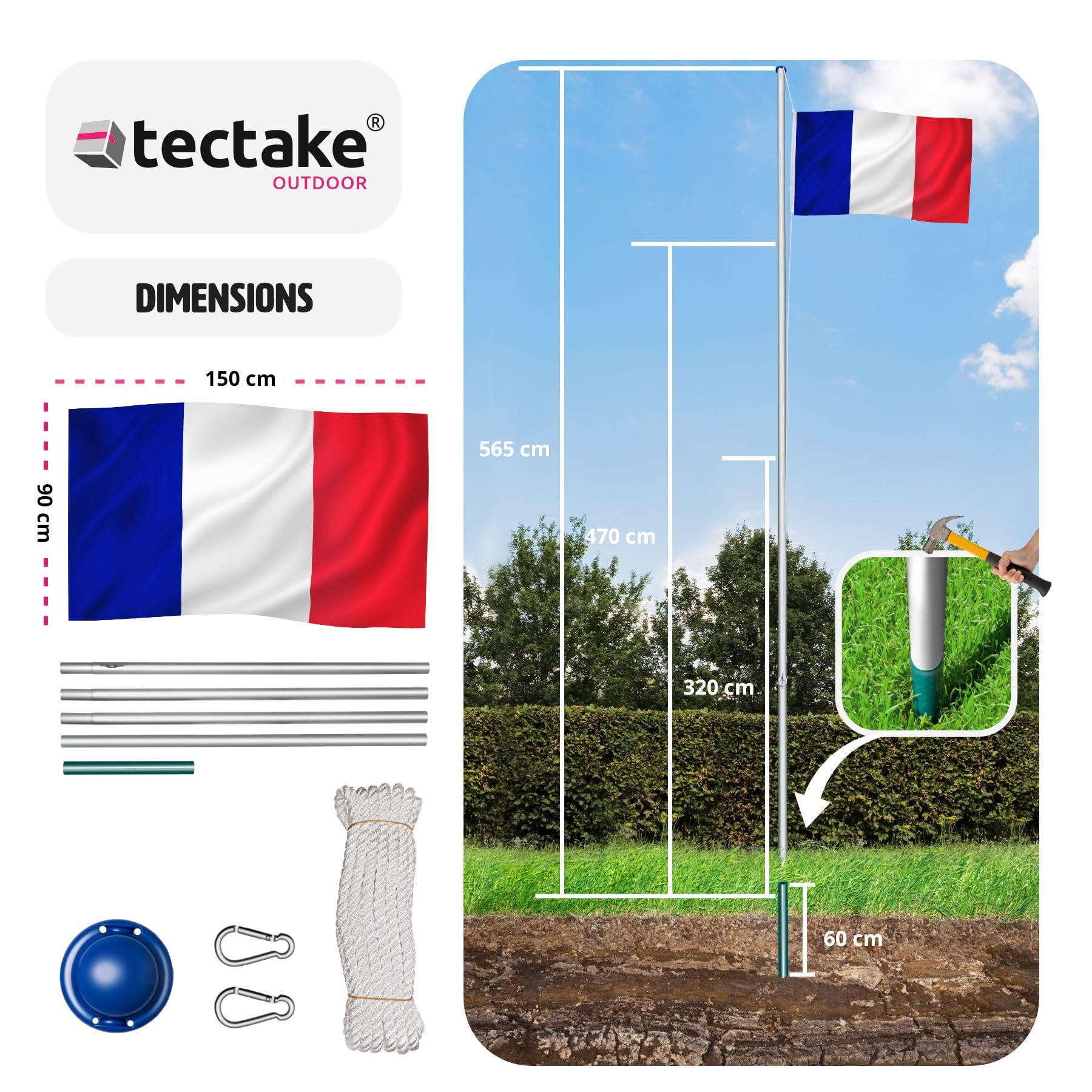 tectake® Mat de Drapeau Téléscopique en Aluminium Hauteur Réglable max. 625 cm avec Drapeau, Douille au Sol et Corde pour Évènements sportifs Football Rugby - 16 Pays au choix - Drapeau francais