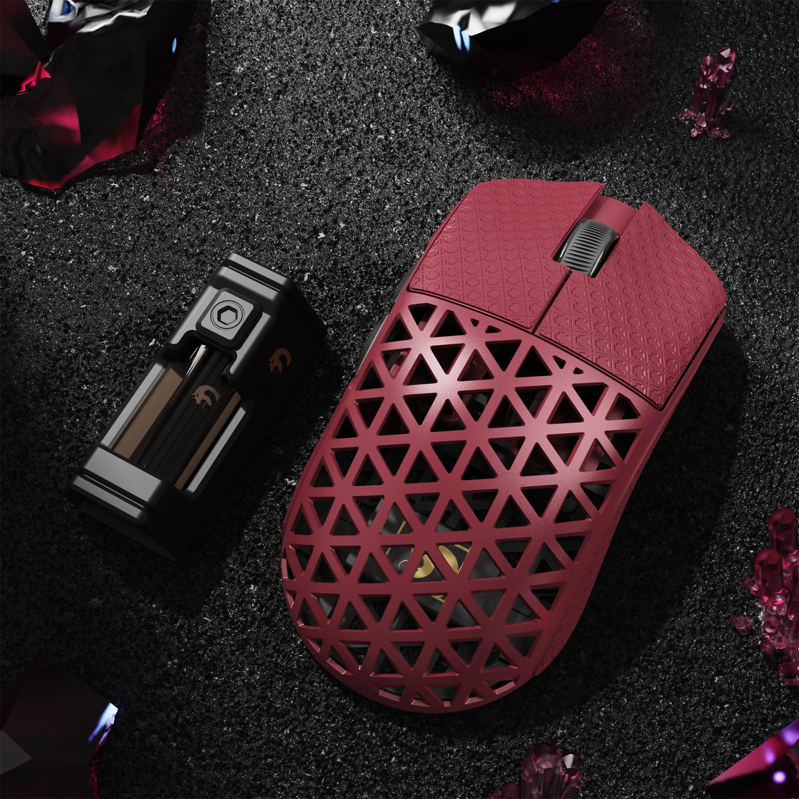 MAMBASNAKE M5 Ultra Souris de Jeu sans Fil en Fibre de Carbone 8000Hz, Jusqu'à 42 000 DPI, Capteur PAW3950 Max, Ultra-légère de 39g, Puce Nordic 52840, 2,4GHz/BT/Filaire, pour PC/Xbox/Mac - Rouge