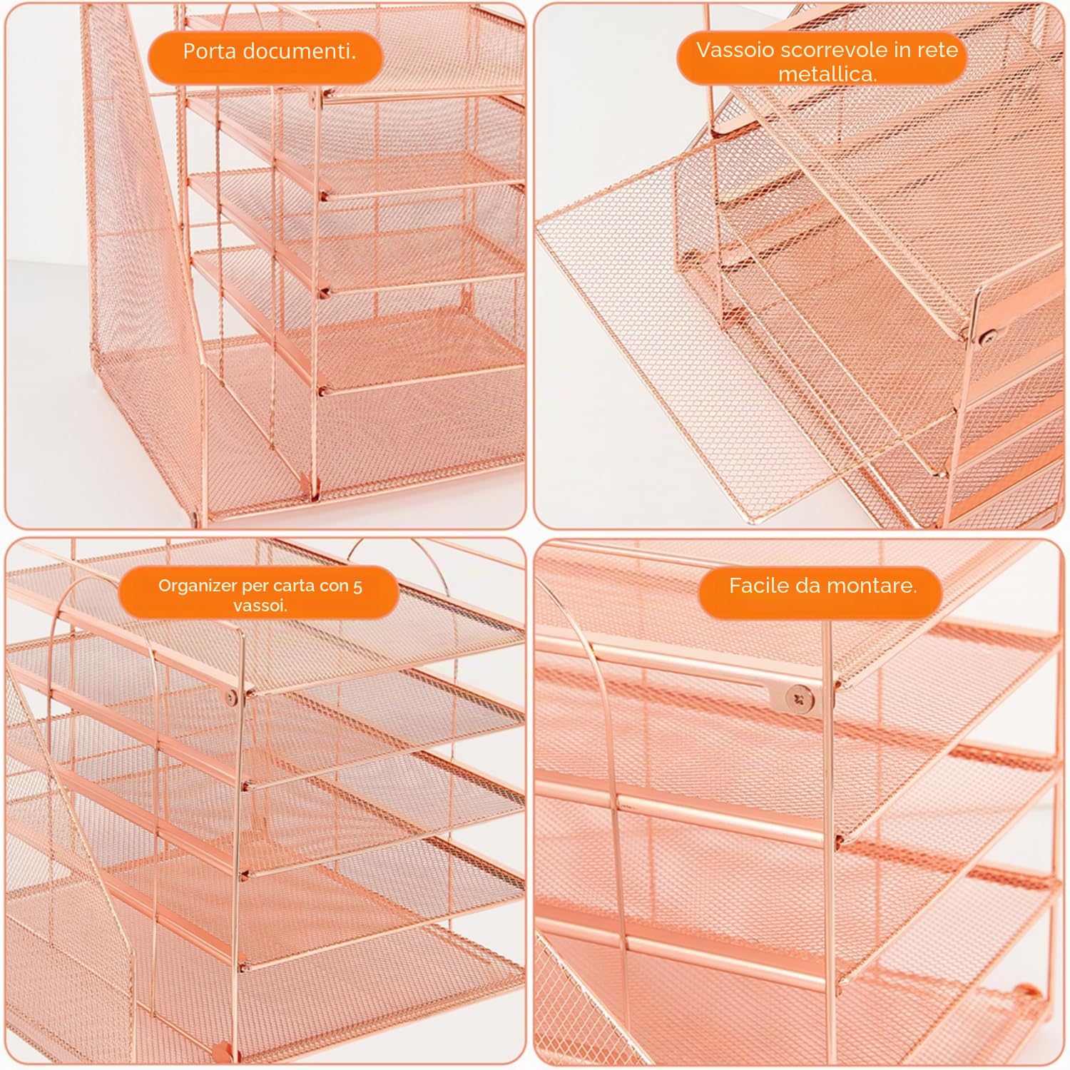 LEKETREE Organizer da scrivania con vassoio per lettere a 5 livelli e porta documenti, accessori da scrivania per forniture per ufficio e spazio di lavoro (oro rosa)