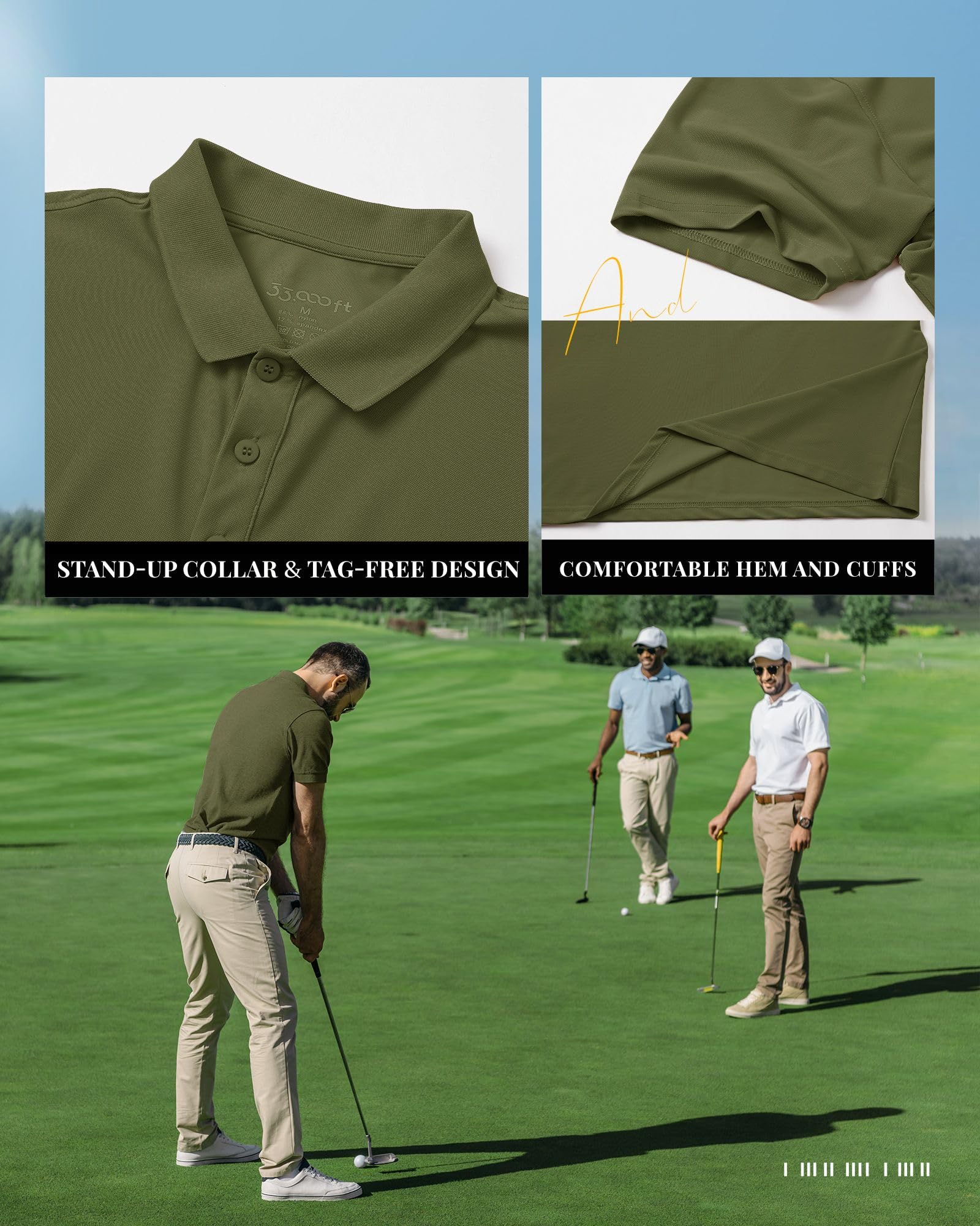 33,000ft Polo de manga corta para hombre, polo de golf, absorbe la humedad, secado rápido, deportes al aire libre, atléticos, tenis