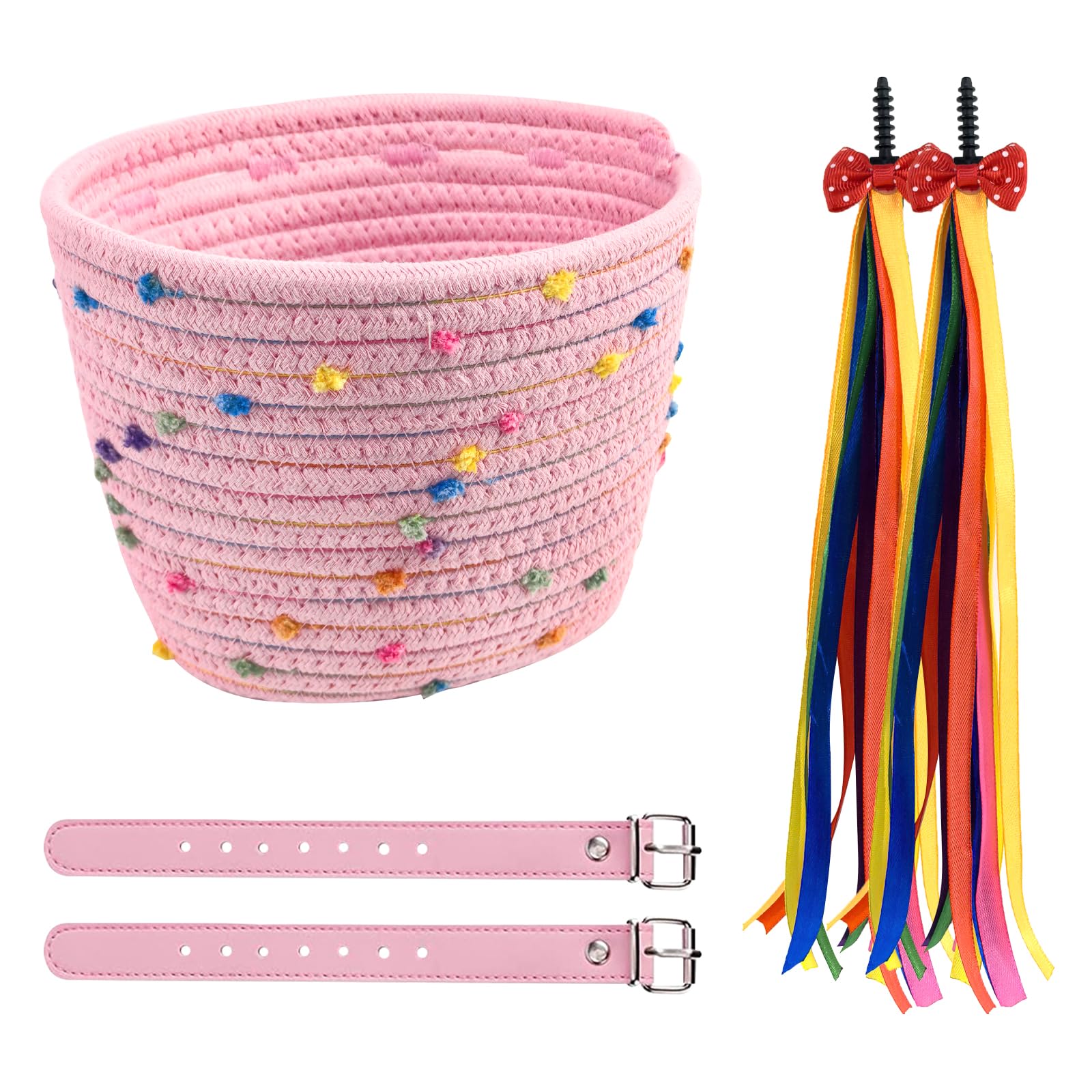Kids Bike Basket Set, Pink Children Cycling Baskets with Bike Handle Bowknot Streamers Cotton Waved Micro Scooter Basket Girls Bicycle Storage Carrier Bag for Kids Tricycles Balance Bike