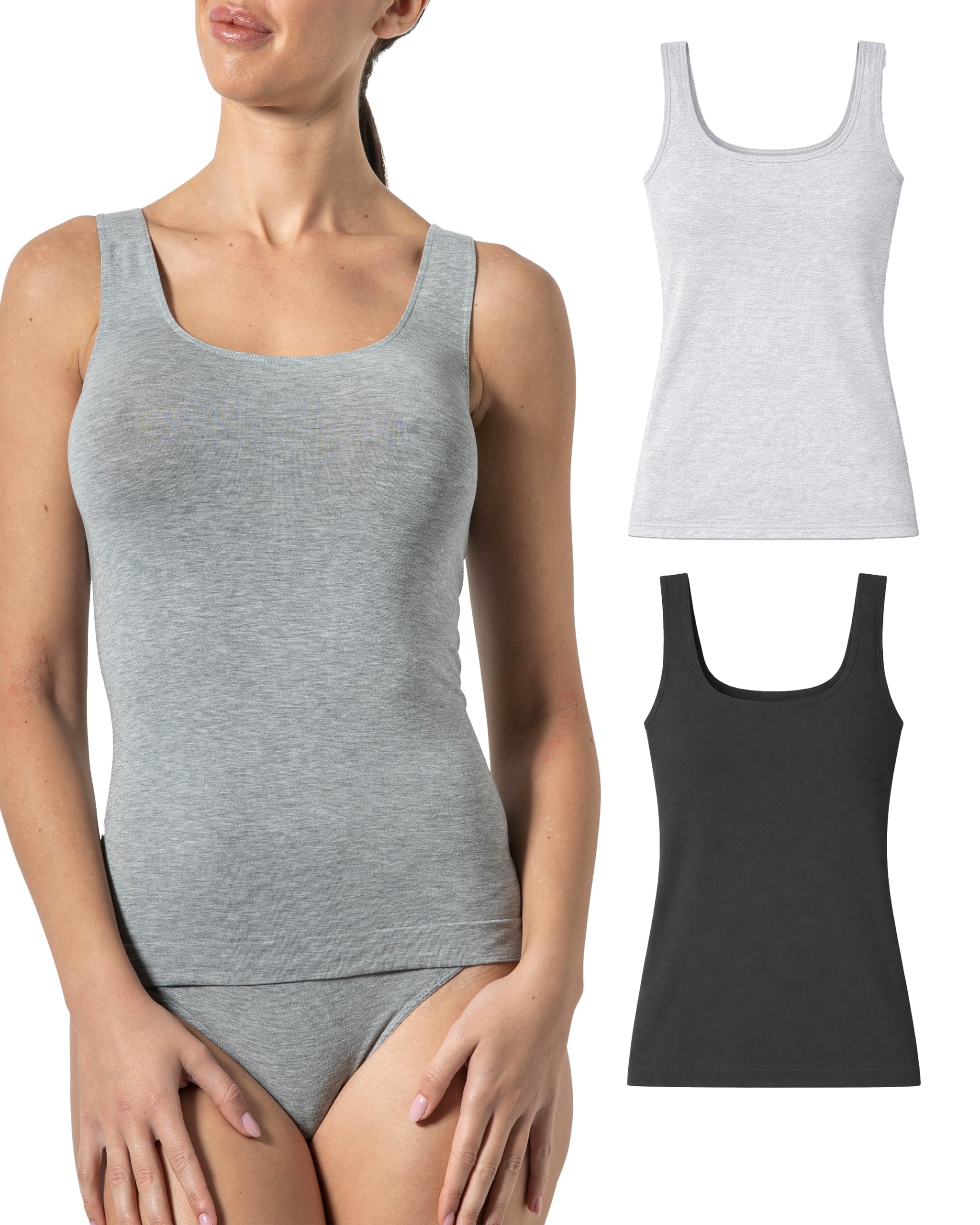 Risalti Tank Tops Women Bamboo Seamless 2Pcs - Womens Vest Tops, Summer Tops, Ladies Summer Clothes - Made in Italy Black-Gray