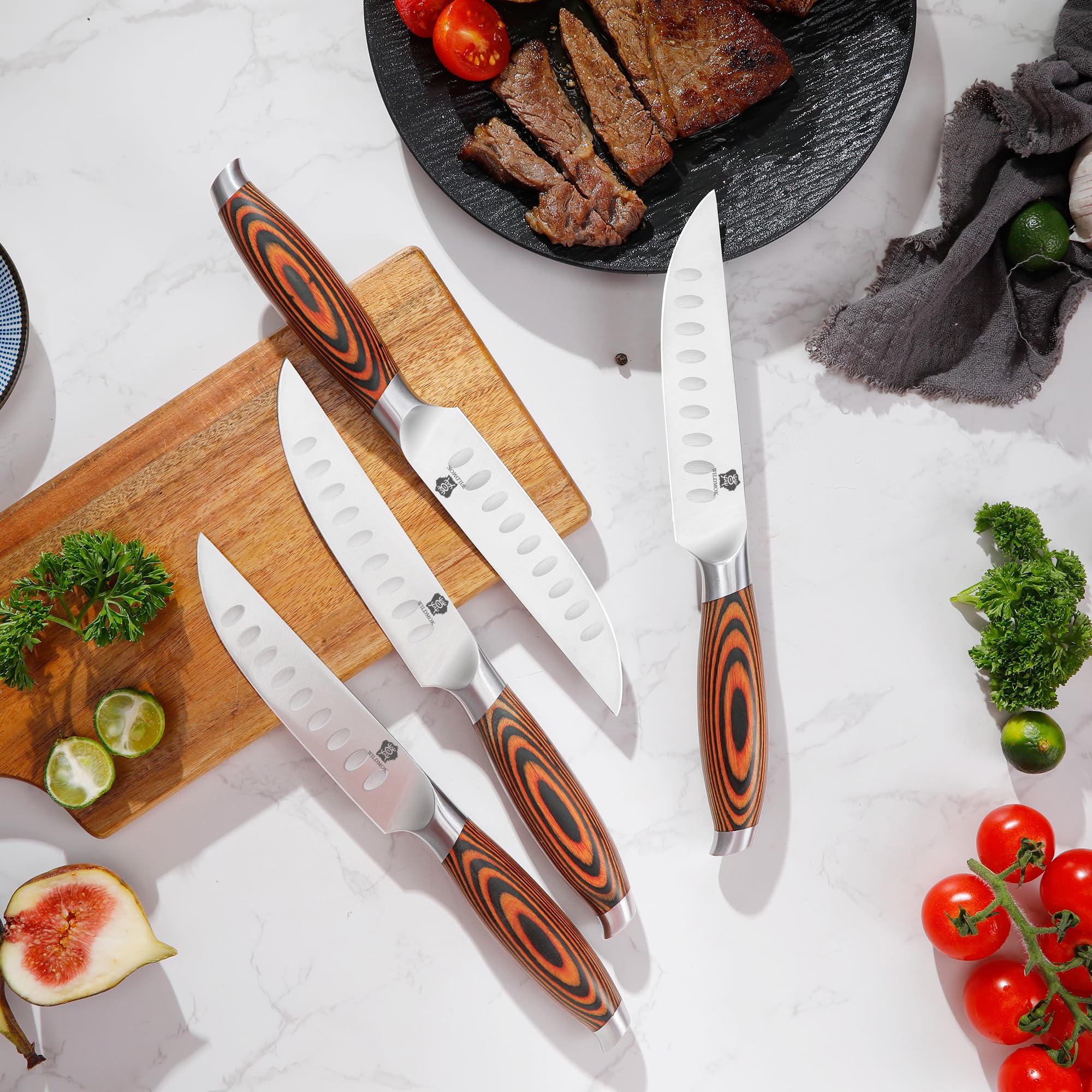 WILDMOK 4-teilig Steakmesserset 12,8cm Klinge aus Deutschem Stahl, Ergonomischer Griff Steakhouse Messerset