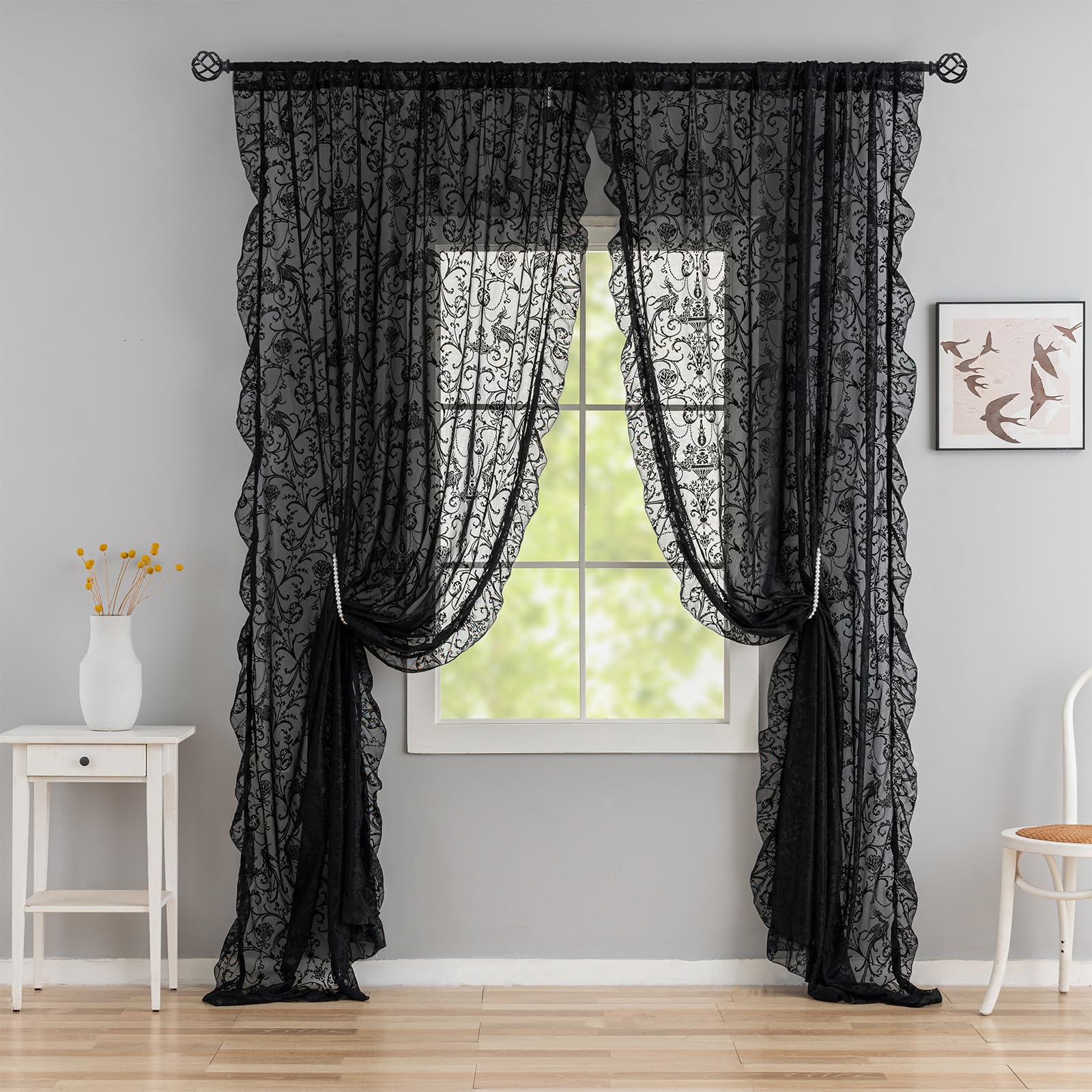 TUDECO Black Lace Curtains 96 inches Long - Embroidered Floral Lace Curtains with Ruffles Embroidered Light Filtering - Gothic Victorian Curtains for Halloween Decoration Set of 2 with