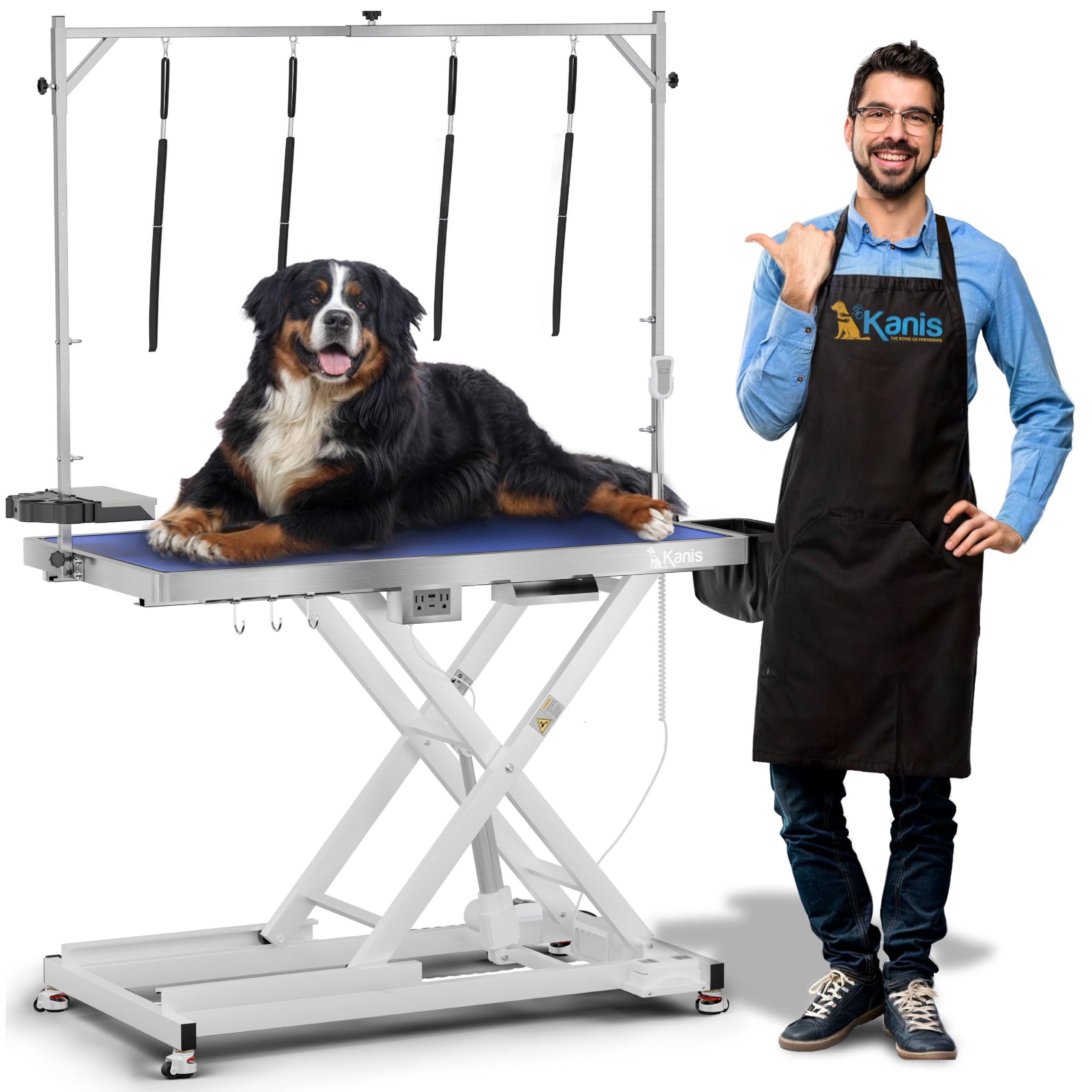 KANIS Professional Electric Dog Grooming Table - Heavy Duty, Height Adjustable Pet Grooming Table w/Leveling Wheels, Grooming Arm, Anti Slip Tabletop & Tool Organizer/Dog Grooming Station (49", WHITE)