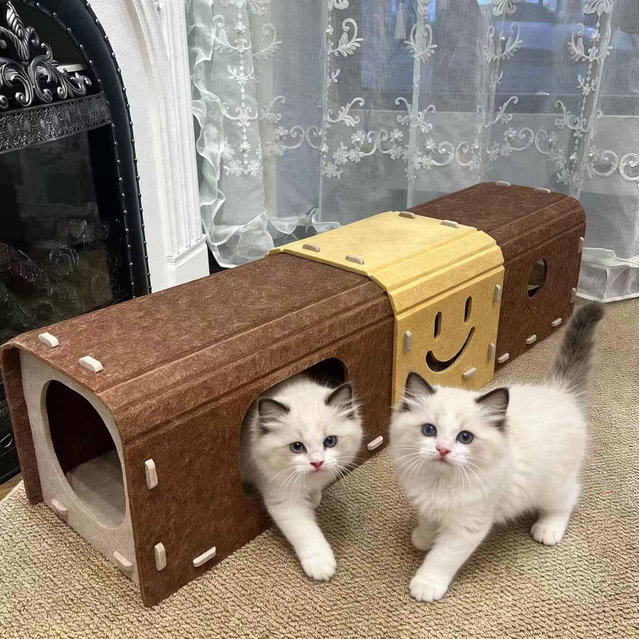 Smiley Face Cat Tunnel Cave - Interactive Peekaboo Cat Hideout with Scratching Pad, Cozy Pet Bed for Indoor Cats & Kittens