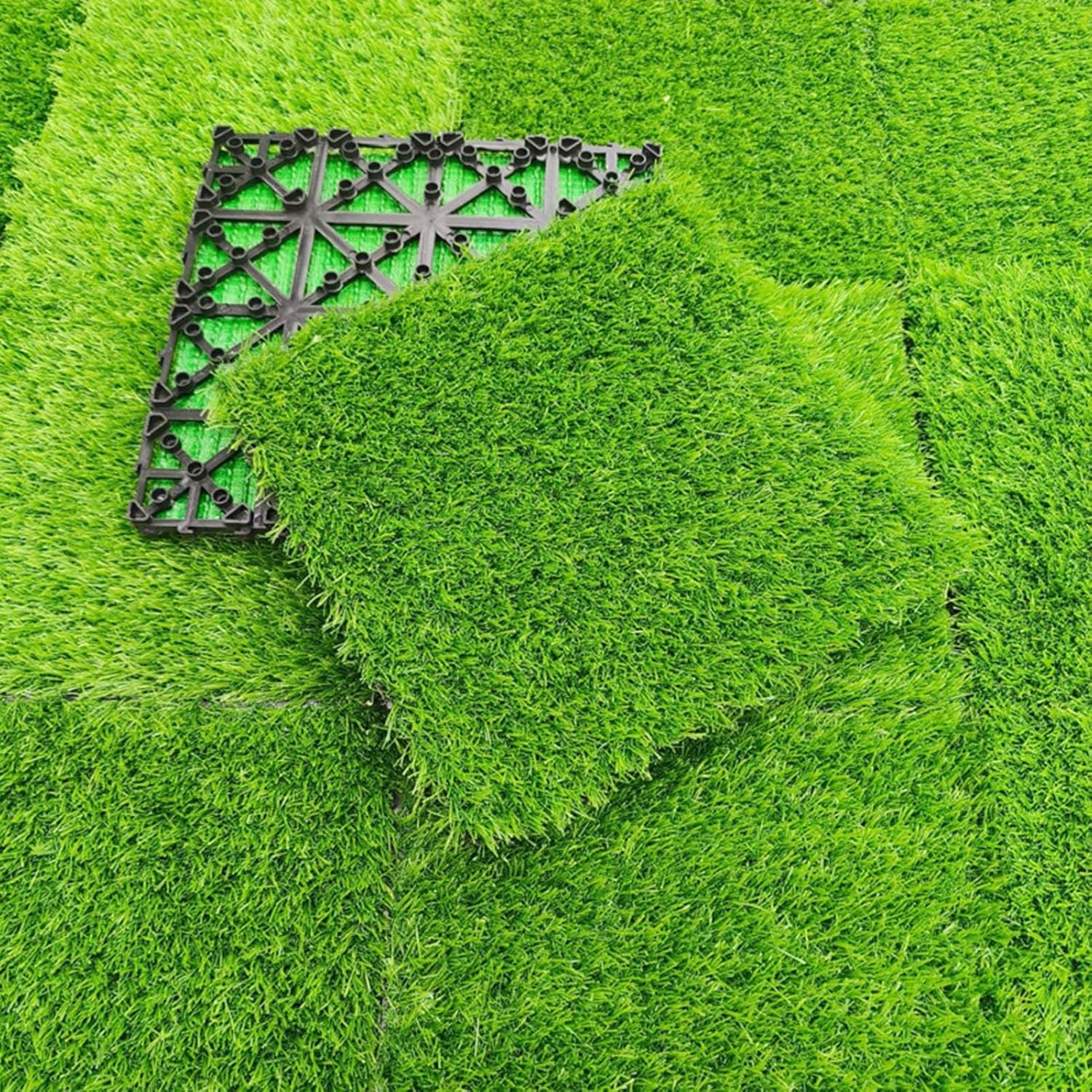 Dalles et lames de terrasse en composite, Tuiles de terrasse emboîtables en bois carrées multicolores, 11 pièces, for revêtement de sol extérieur(Artificial Green Grass)