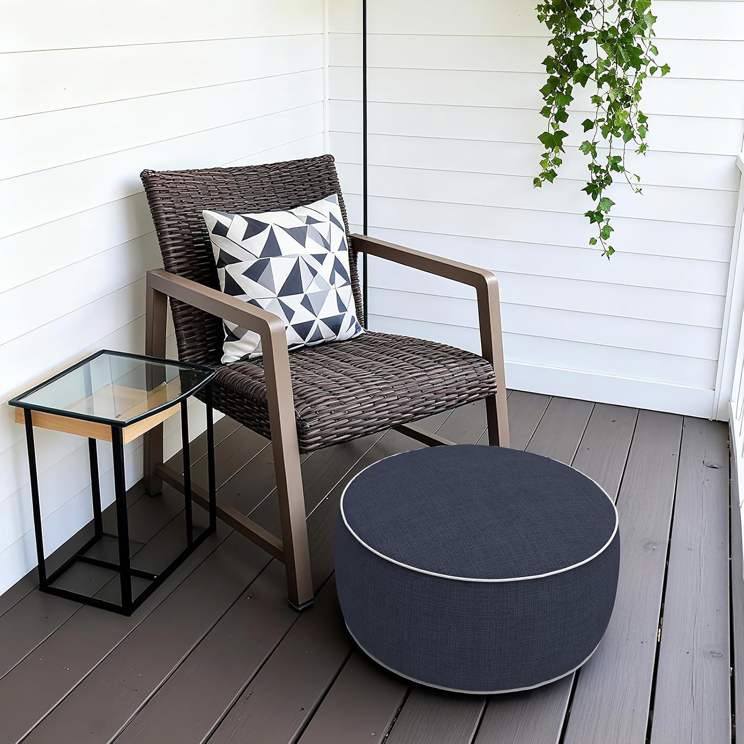 Patio Inflatable Ottoman, 21x9 Inch Portable Stool Ottoman with Handle, Outdoor Round Footrest Stool for Garden Camping, Textured Navy