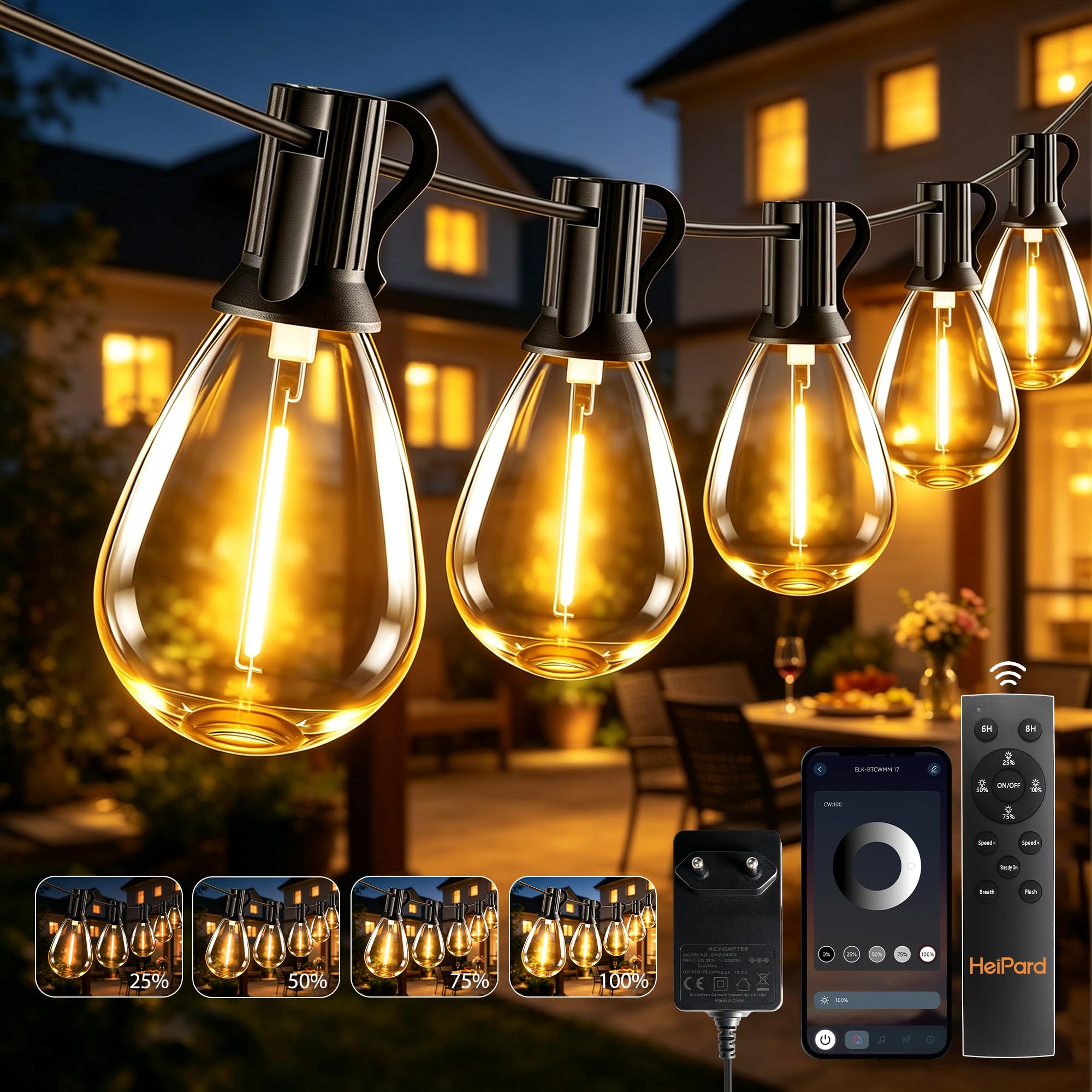 HeiPard Guirnalda Luces Exterior 30m, Luces LED Exterior con 50+2 S14 Bombillas 2700K, Mando RF y APP Inteligente, Regulable 4 Brillo 3 Modos, IP44 y Seguro 24V, para Luces Exterior Jardín y Terraza