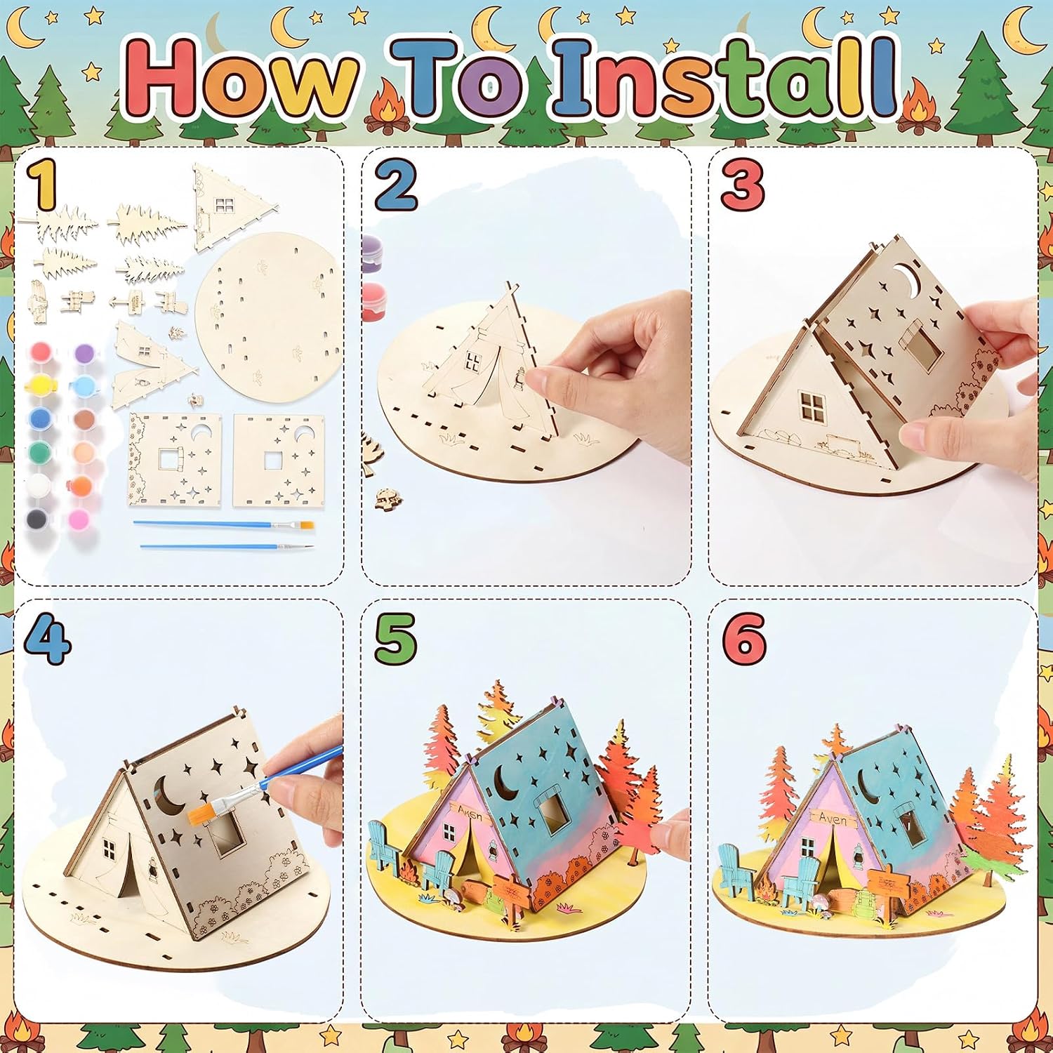 DoubleFill 6 Set Camping Crafts Tent DIY Painting Kit Unfinished Wooden Tent Crafts Summer Camp Craft Ornament for Birthday Party Favor Home Vbs Sunday School Art Classroom Nursery