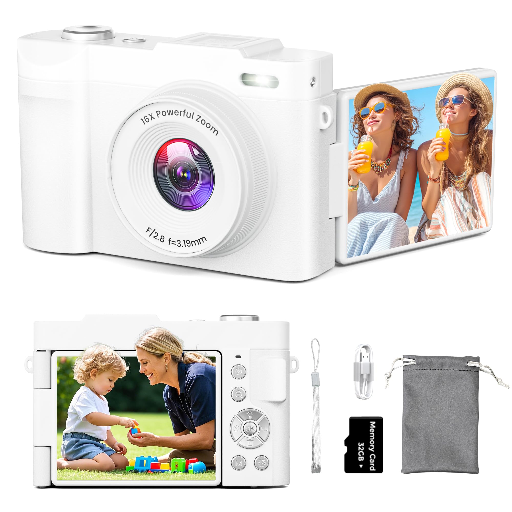 4K Digital Camera for Photography, Small Vlogging Camera with Flip Screen for YouTube, 50MP 16X Zoom, Portable Travel Cameras with 32GB SD Card for Beginners(White)