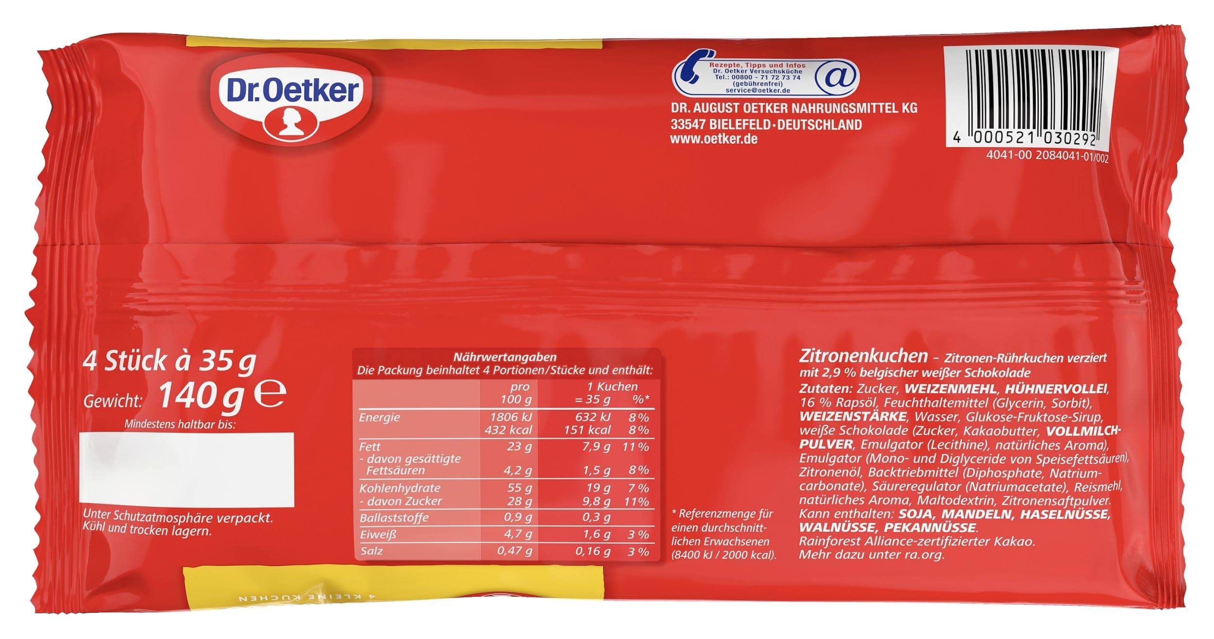 Dr. Oetker fertige kleine Zitronenkuchen, 8er Pack Mini Zitronen-Rührkuchen mit belgischer weißer Schokolade verziert, 8 x 4 x 35 g Kuchen-Snack mit Zitronengeschmack