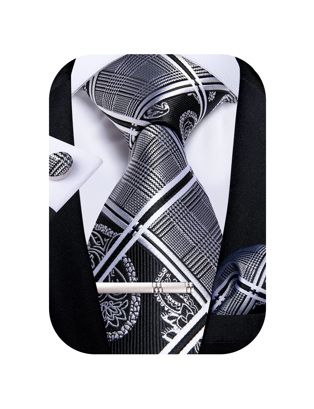 Dibangu Plaid Tie Mens Silk Tie And Pocket Square Cufflinks Tie Clip Set Wedding Business