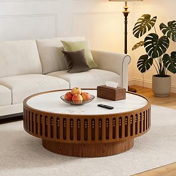 35.43" Round Drum Coffee Table with Fluted, Handcrafted Solid Wood Veneered Drum Table, Circle Pedestal Center Table for Living Room, Apartment, Farmhouse Decor A35, B