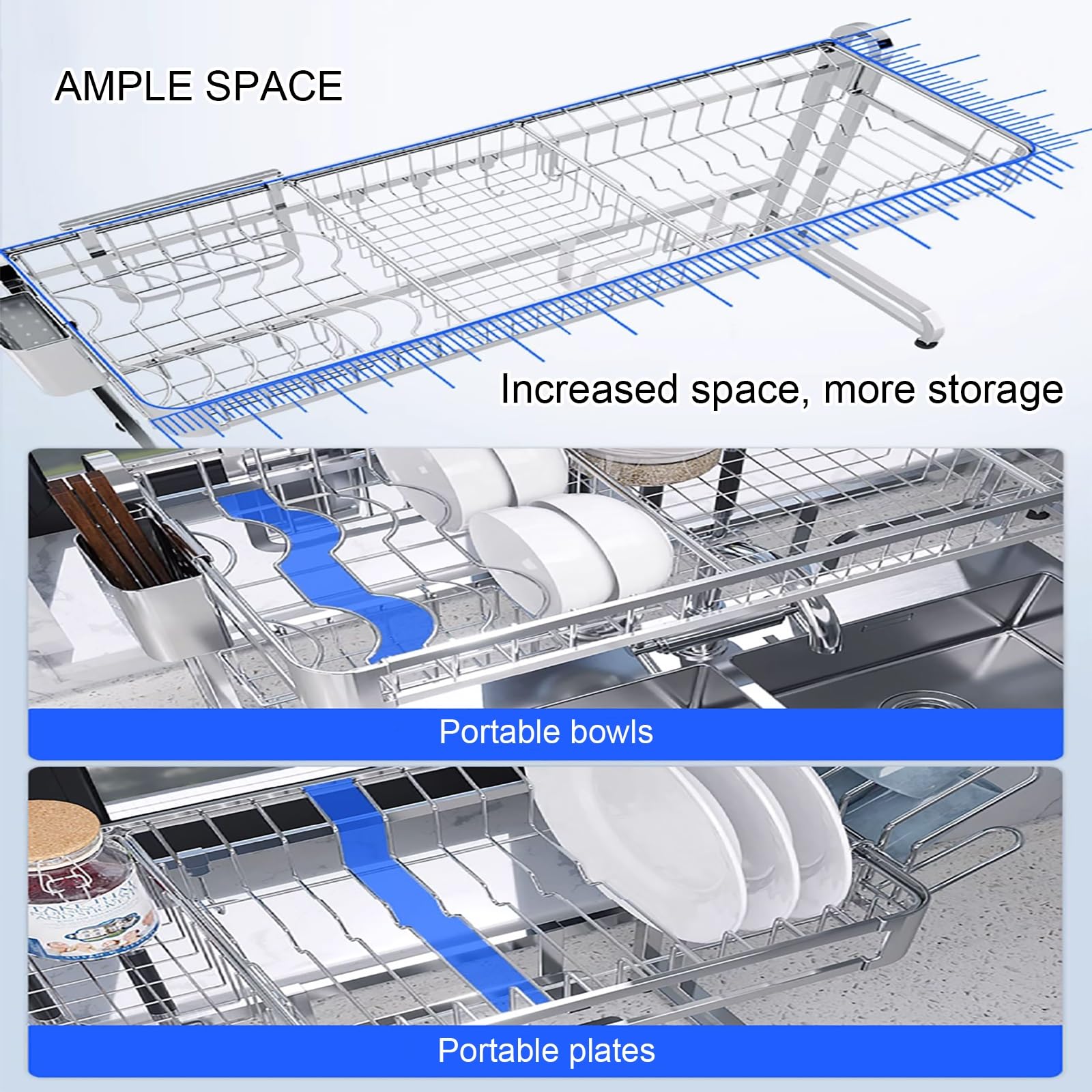Stless - Scolapiatti da lavello in acciaio inox, con divisorio per un'asciugatura efficiente (argento, 64 cm)
