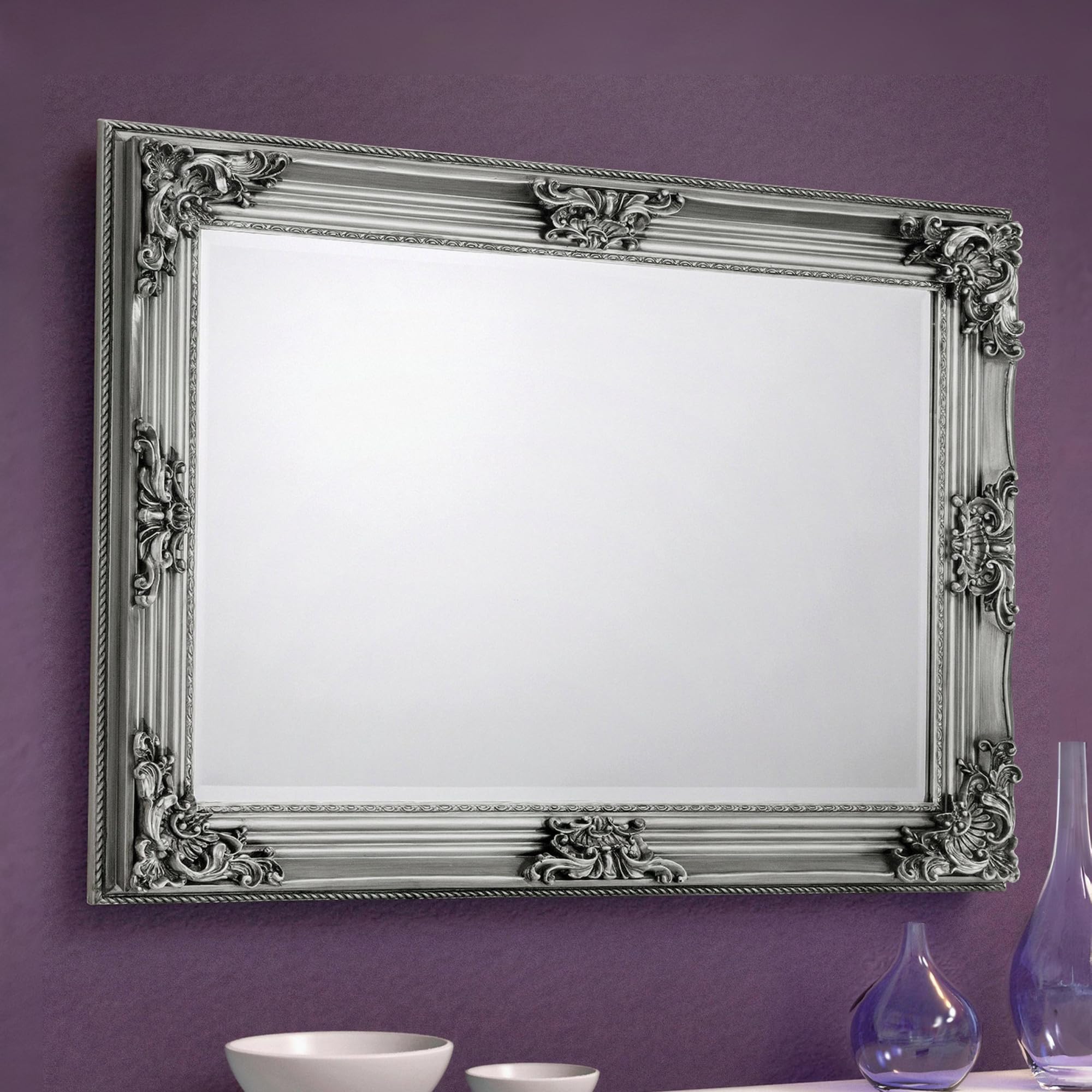 Julian Bowen Pewter Rococo Wall Mirror, Grey - H80 X W110 X D6cm