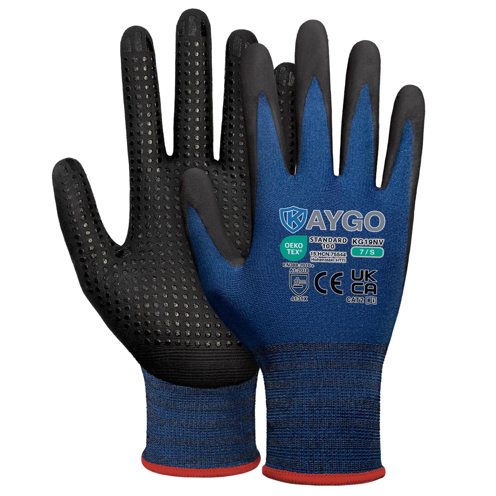 KAYGO Work Gloves with Grip Dots on Palm for Anti-Slip 12 works, KG19N, MicroFoam Nitrile Coated Light Oil Compatible
