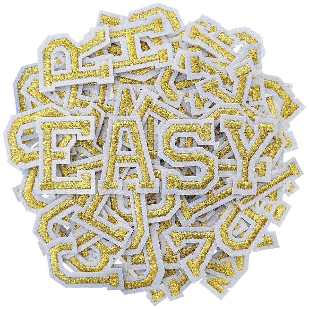 ZESION Iron on Letter 104Pcs Alphabet A to Z Patches with Ironed Adhesive, Decorate Repair Patches for Jackets Shirts Hats Bags Jeans/Gold