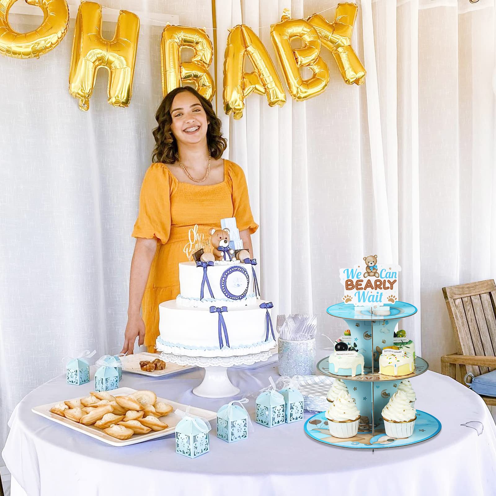 Porta Cupcake 3 Livelli A Forma Di Orso Per Baby Shower - Decorazioni Festa Orsetto Con Piatti E Pali