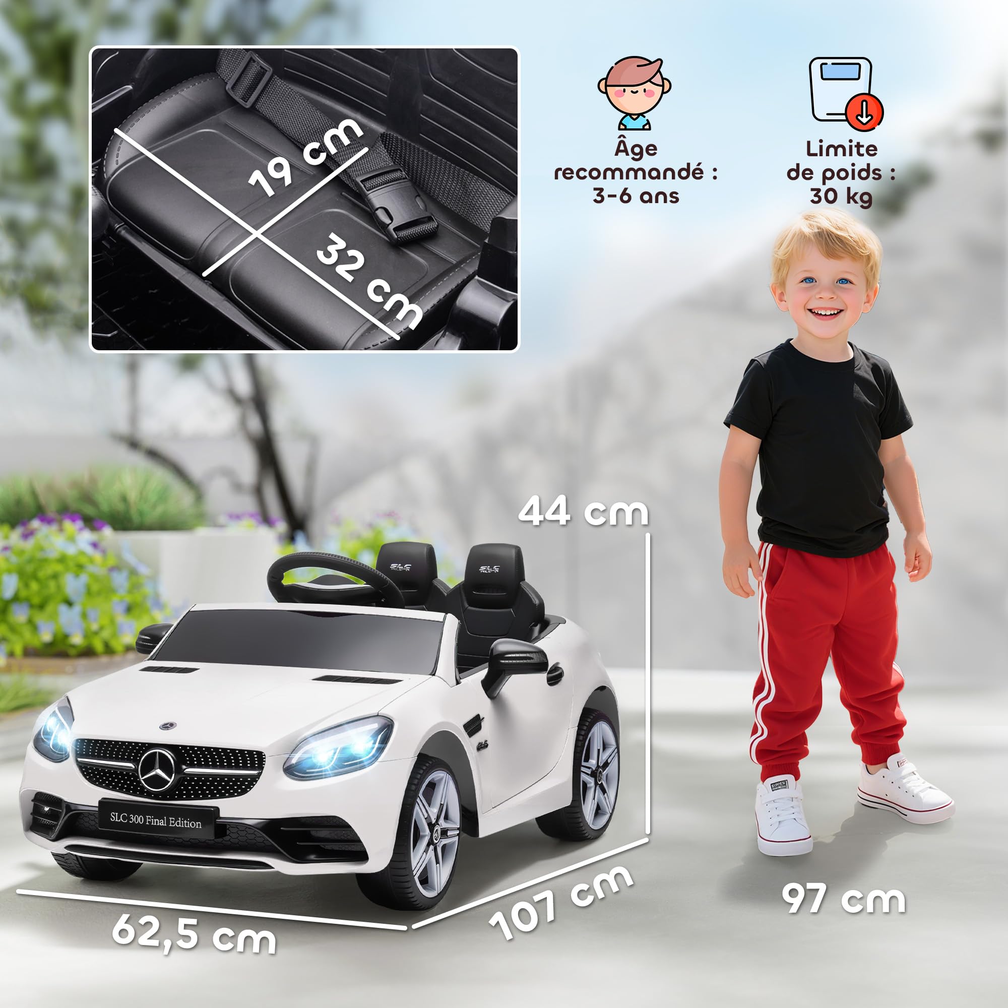 AIYAPLAY Samochód elektryczny dla dzieci Mercedes SLC 300 12V Biały | 5 km/h, efekty dźwiękowe + światło, pilot dla rodziców 2,4G, pojazd elektryczny dla dzieci 3-6 lat