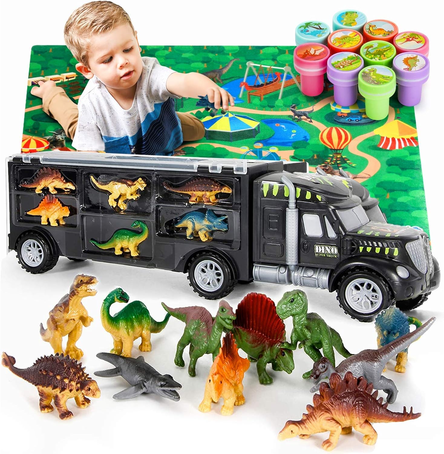 MOBIUS Toys Dinosaur Truck Carrier - Dinosaurs Playset with 12 Toy Action Figures - World Dino Toy Set with XL Playmat for Toddlers Boys or Girls, 3 to 7 Years Old