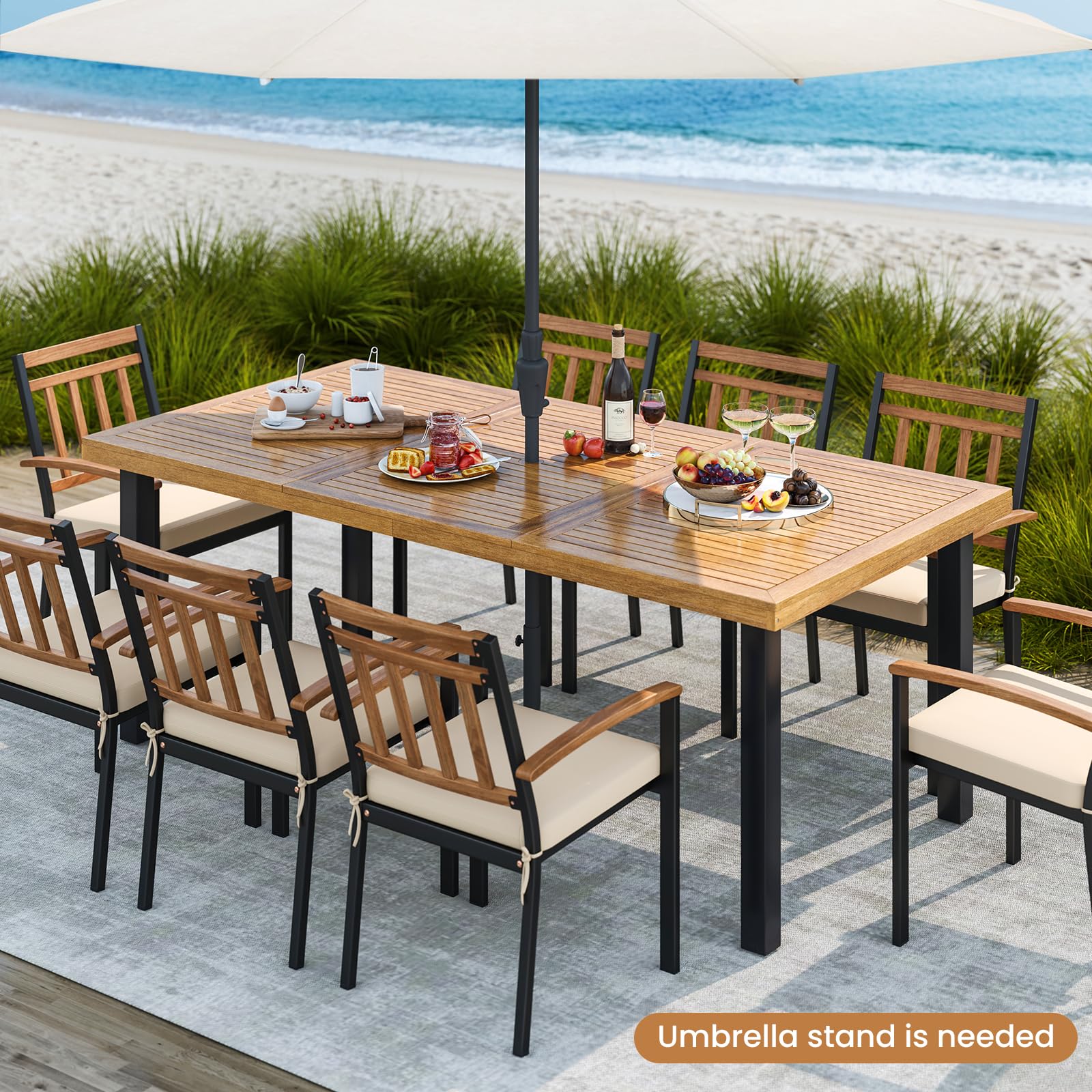 KOMFOTTEU Mesa de Jardín de Madera de Acacia, Mesa de Comedor con Agujero para Sombrilla, Mesas Rectangular para 8 Personas, 200 x 90/100 x 75 cm, para Terraza, Balcón, Patio (Modelo C)
