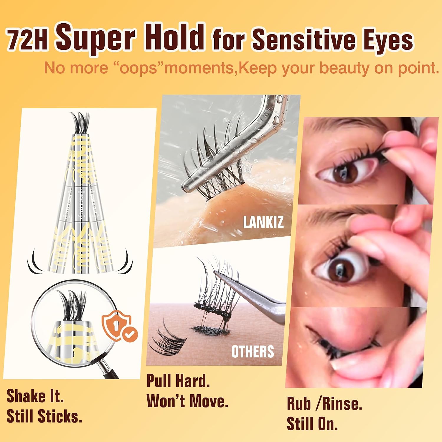 LANKIZ Sensitive Lash Cluster Glue, 72H Strong Hold Lash Bond and Seal, Latex-Free & Hypoallergenic, Long-Lasting Waterproof Cluster Lash Glue for Lash Clusters & Strips
