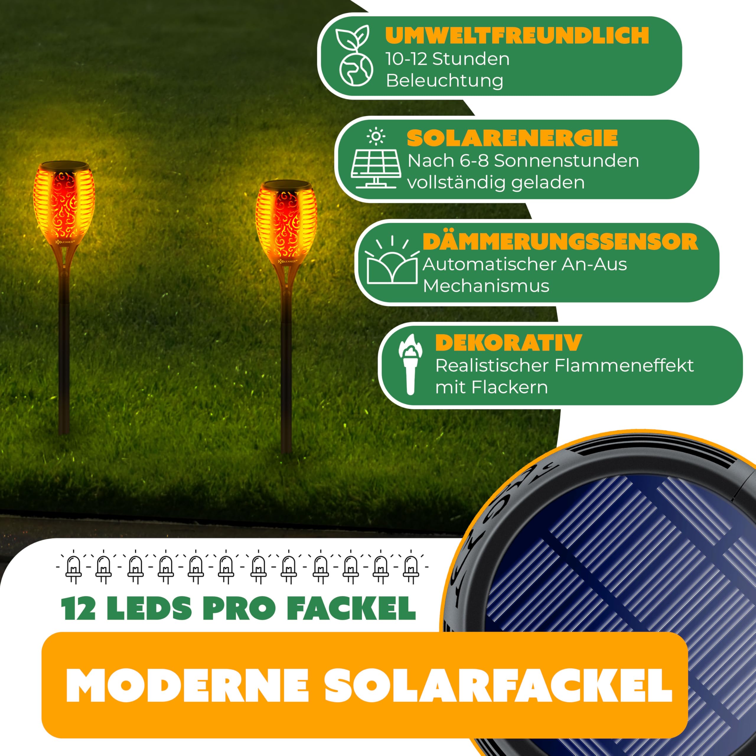 KESSER® Gartenfackel Solar 12er Set Solarleuchten 12 LEDs Flamme mit Wandhalterung + Erdspieß Licht-Sensor Wetterfest Garten Solarleuchte Fackel Lichter LED Gartenlampe Solarlampe Flammenlicht