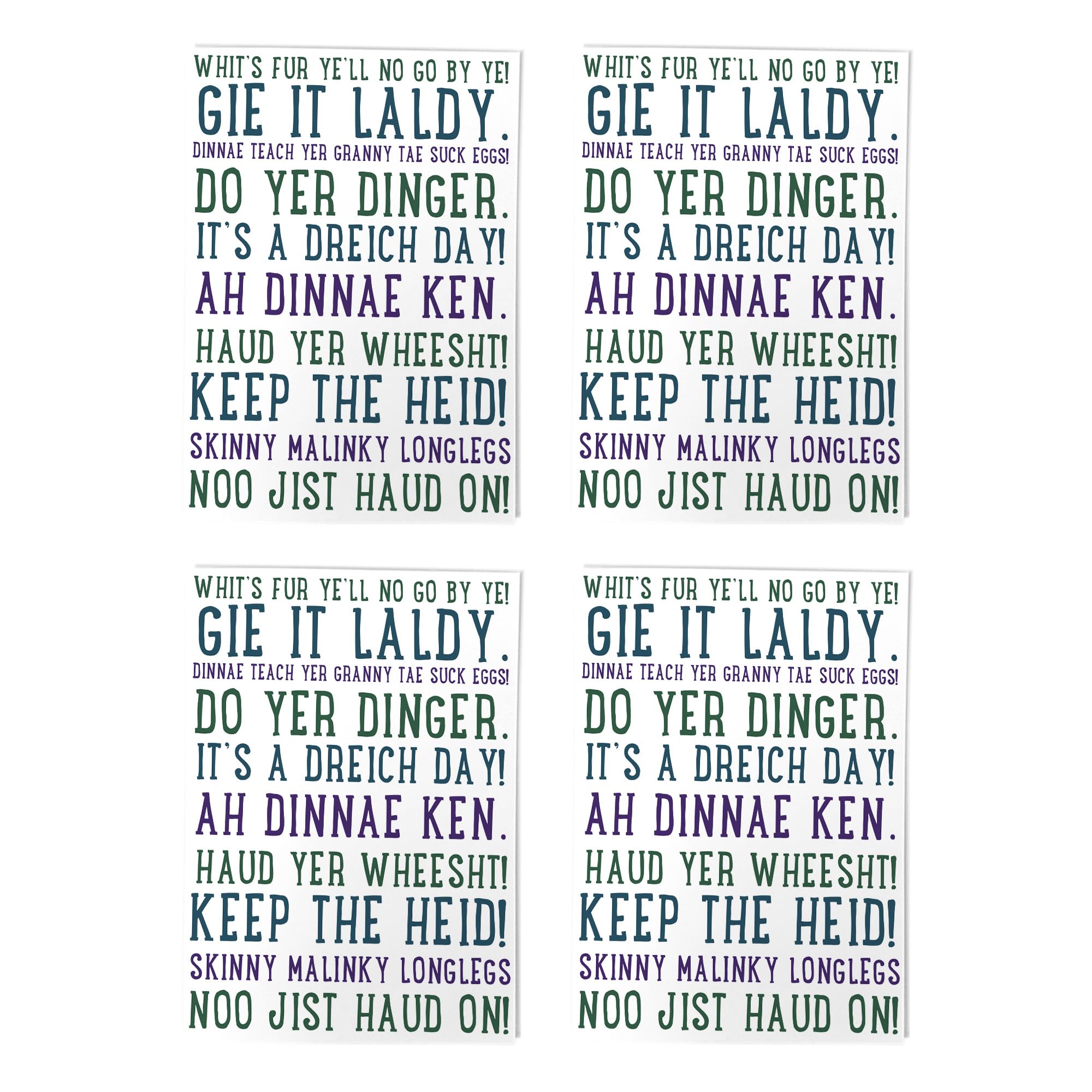 Scottish Sayings Art Cards Multipack of 4 Funny Scots Phrase Greeting Cards For Any Occasion Blank Inside A6 10 x 15 cm