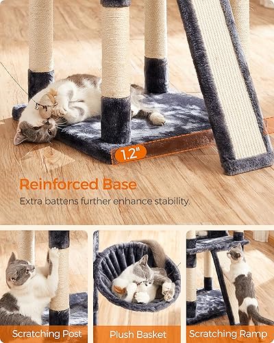 Miniatura 6 de FEANDREA Árbol para gatos, torre grande para gatos, condominio para gatos con postes rascadores, tabla, 2 cuevas, 3 perchas de felpa, centro de