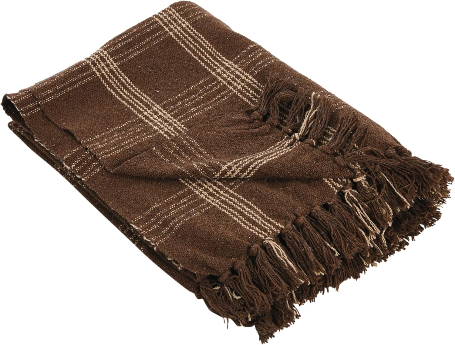 Creative Co-Op Recycled Cotton Blend Throw Blanket with Fringe, Brown Plaid