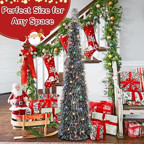 Miniatura 4 de Árbol de Navidad desplegable de oropel de 5 pies, árbol de Navidad plegable con 90 luces de colores, árbol de Navidad artificial para el hogar,