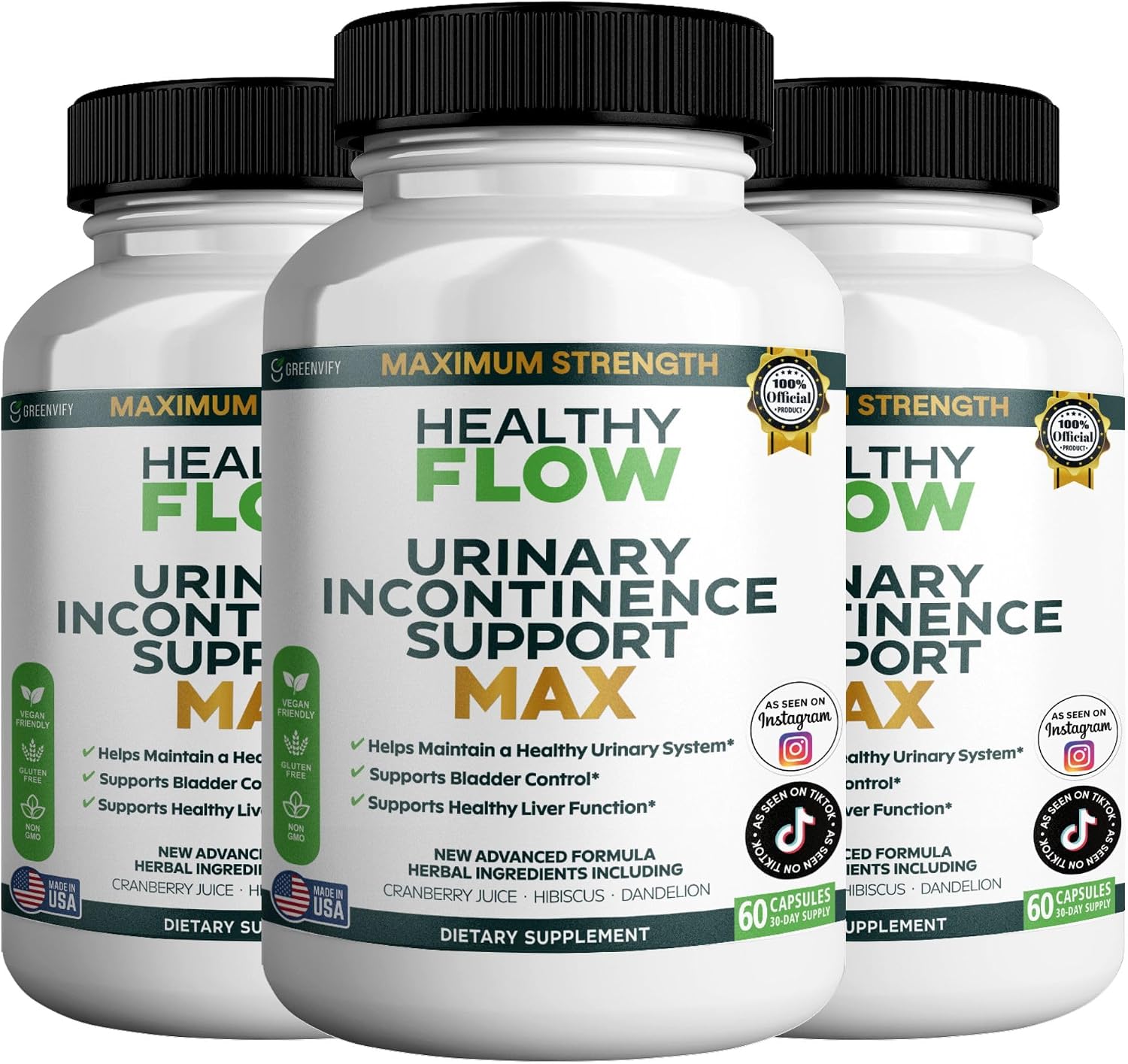 Healthy Flow Urinary Incontinence Support Max, 60 Veggie Capsules, Cranberry Juice Hibiscus Dandelion Formula, 30 Day Supply (2)