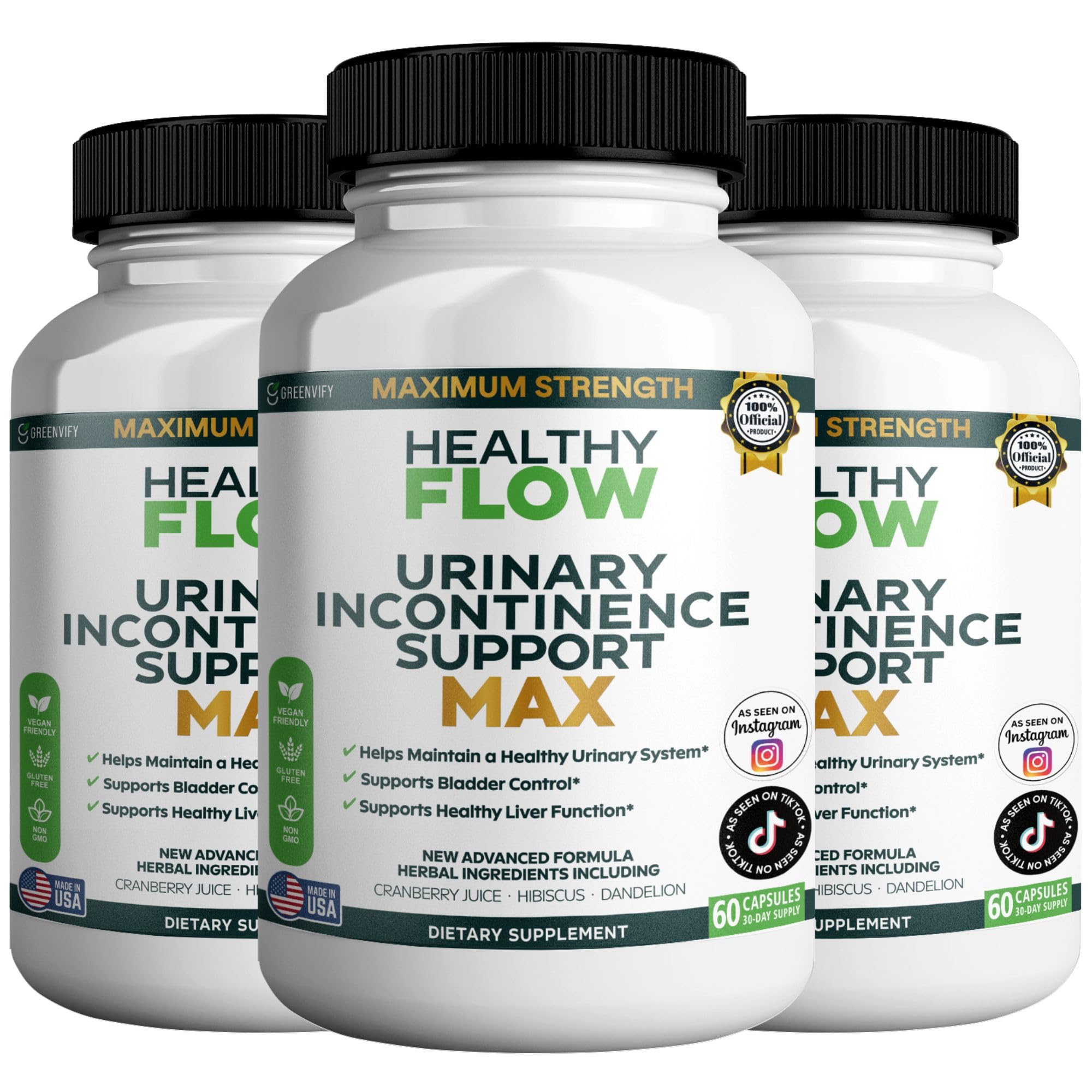 Healthy Flow Urinary Incontinence Support Max, 60 Veggie Capsules, Cranberry Juice Hibiscus Dandelion Formula, 30 Day Supply (3)