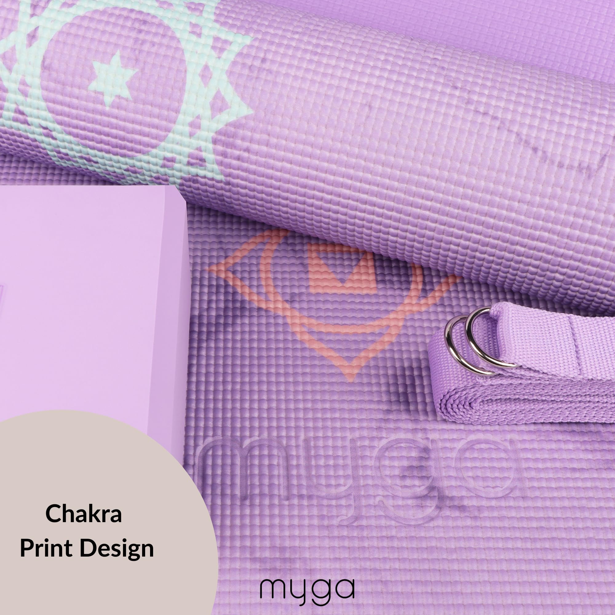 Myga Yoga Starter Kit | Komplettes Set mit Yogamatte, Yogablock & Gurt | rutschfest & Unterstützend | Ideal für Anfänger & Zuhause sowie Reisen | Unterschiedliche Druck Designs