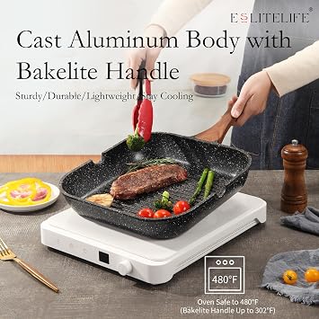 ESLITE LIFE Nonstick Grill Pan with Lid & Tongs for Stove Tops, 11 Inch Versatile Square Big Grilling Skillet Steak Pan with Pour Spouts for Indoor & Outdoor Cooking, PTFE & PFOA Free, Black