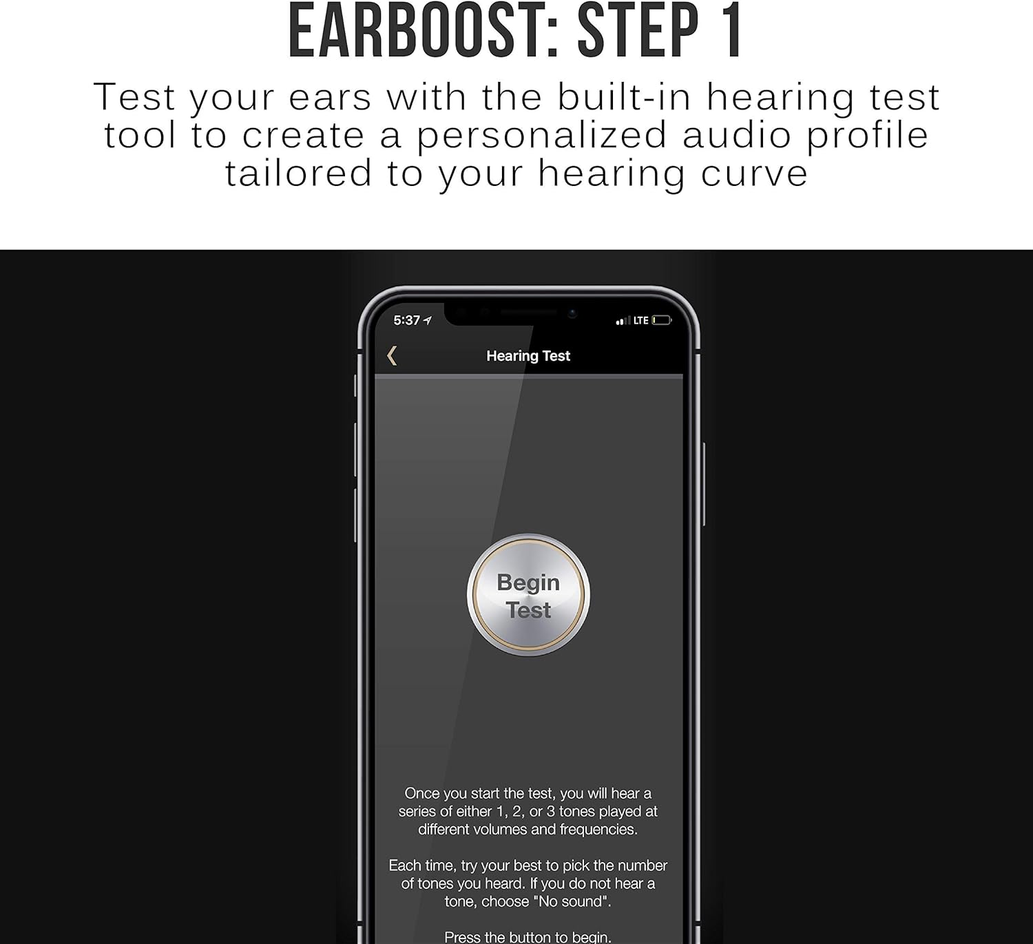 Smartphone screen showing 'EARBOOST: STEP 1' for hearing test