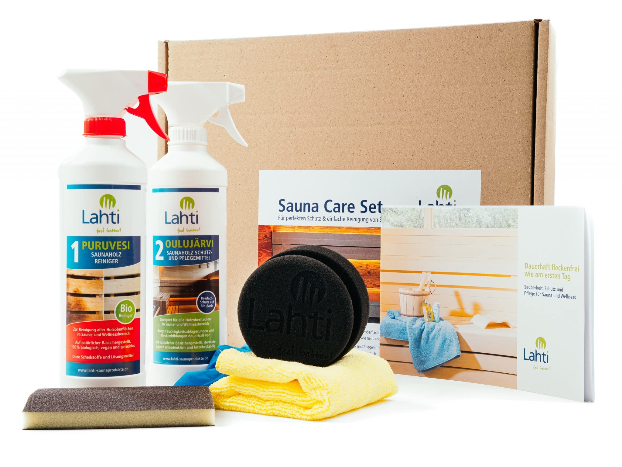 LAHTI Sauna Care Set - Saunapflege & Holzschutz Set auf BIO-Basis, effektive Grund-Reinigung mit Puruvesi, Holzpflege mit Oulujärvi, mit Zubehör – Ohne Schadstoffe