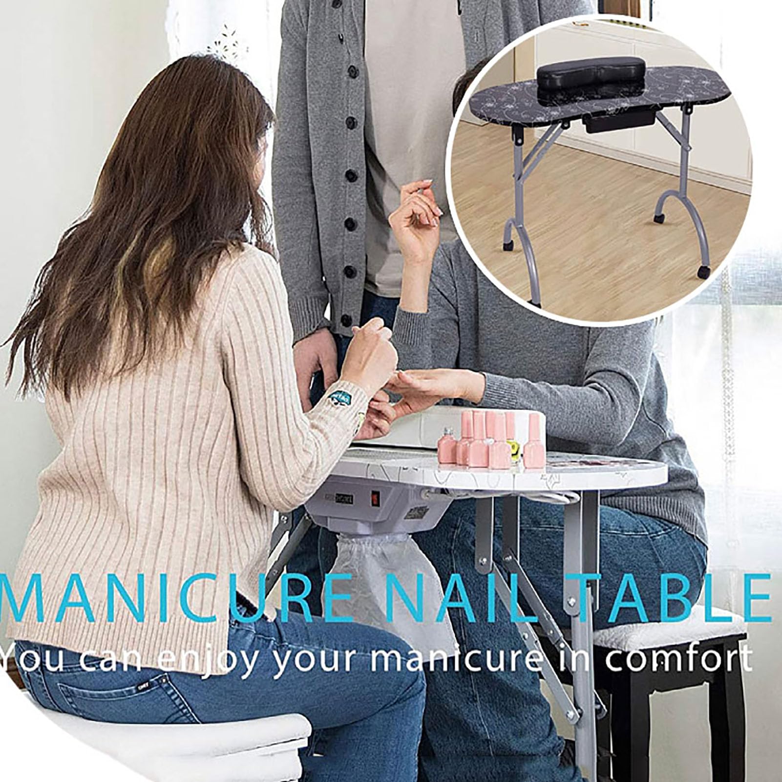 Tavolo pieghevole portatile per tecnici di manicure, con cuscinetto per il polso, grande cassetto, ruote bloccabili, postazione di lavoro per tecnici delle unghie