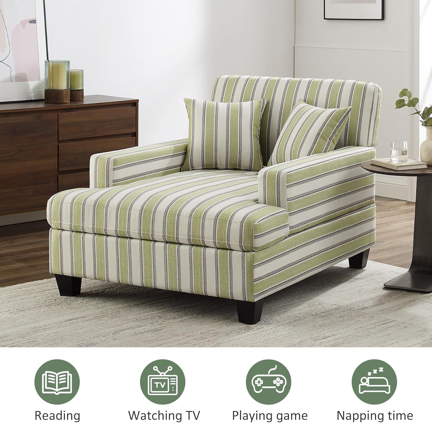 VANOMi Chaise Lounge Chair 47", Recliner Sleeper Sofa with Adjustable Backrest & Pillows, Oversized Upholstered Single Sofa Bed for Adults, Lounge Chair for Living Room, Bedroom, Office (Green Stripe)