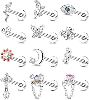 12Pcs 16G Stainless Steel Top Screw Flat Back Earrings Snake Moon CZ Cartilage Stud Earrings for Women Forward Internally Threaded Helix Tragus Conch Labret Monroe Medusa Lip Nose Piercing