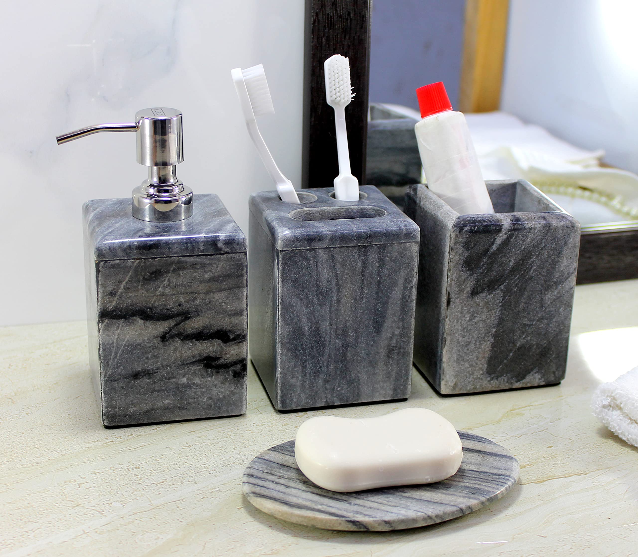 KLEO Set de Bain 4 pièces | Comprend Un Distributeur de Savon Liquide, Un Porte-Brosse à Dents, Un Porte-Dentifrice, Un Porte-Savon - en Pierre Naturelle