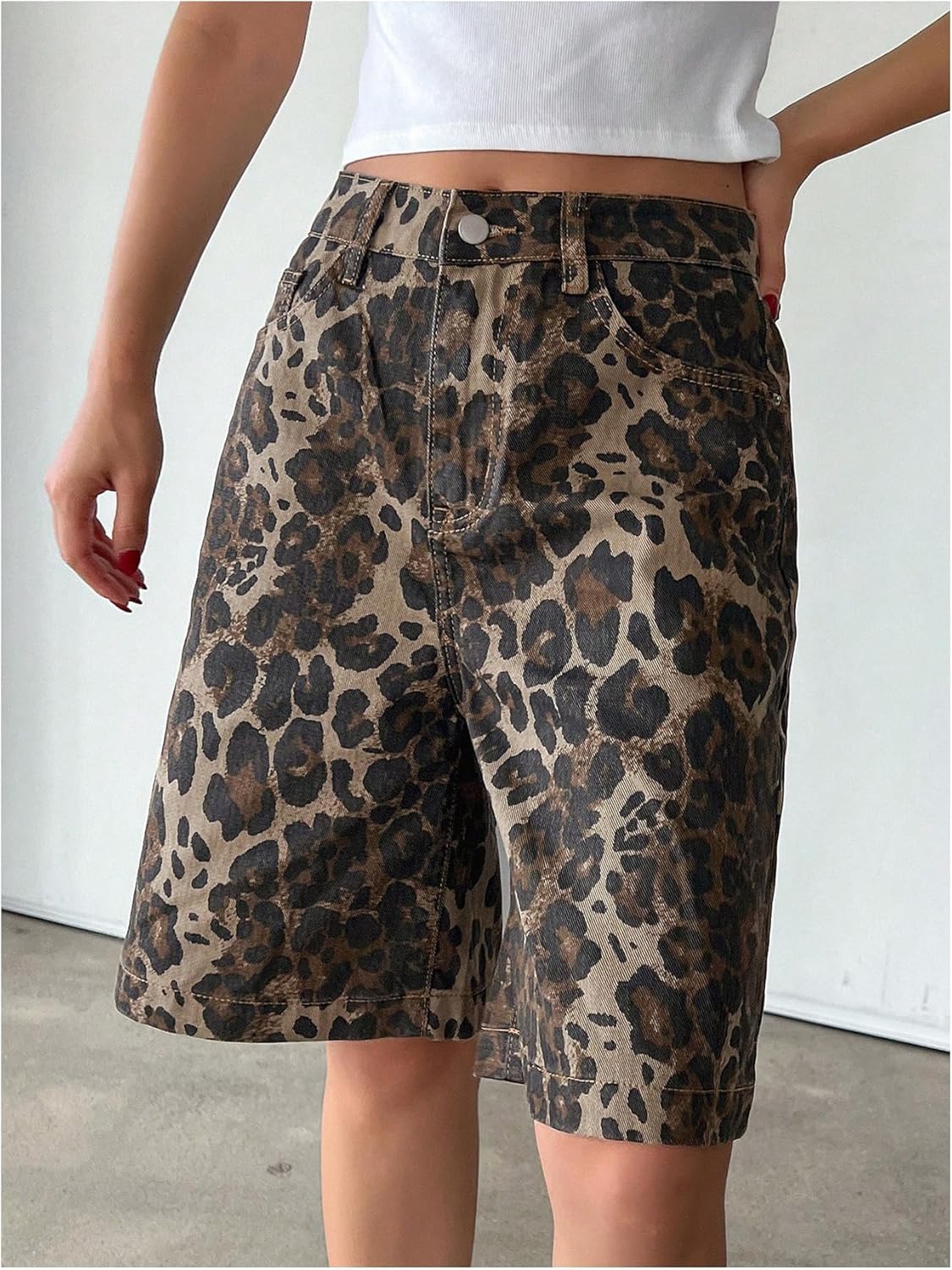 WDIRARA Women's Leopard Print High Waisted Denim Bermuda Shorts Cheetah Wide Leg Baggy Jean Shorts