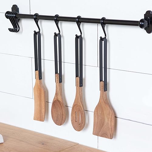Miniatura 2 de Utensilios de madera para cocina de madera de acacia, hermoso diseño moderno, cabezales de madera rústica y asas de acero inoxidable, resistentes a