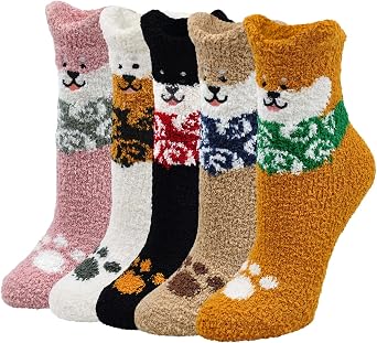 Fluffy Thermal Bed Socks Womens Winter Cosy Sock Fuzzy Animal Pattern Super Warm Soft Funny Cute Ankle Christmas Socks 5 Pairs Size 4-7