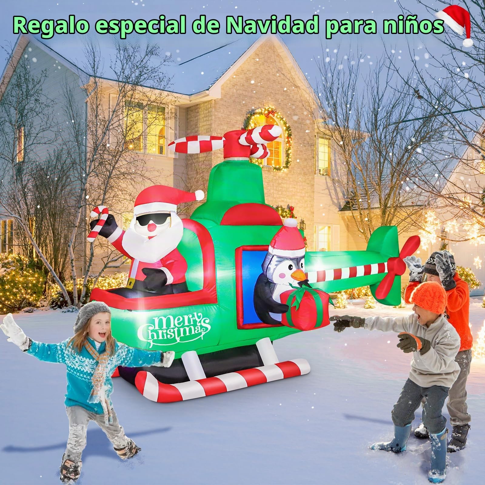 Aimosen 195CM Decoración Inflable LED, Papá Noel Inflable en Helicóptero + Pingüino Decoración Navideña Inflable, 6.5FT Decoración Fiestas de Césped y Jardín Navideño al Aire Libre