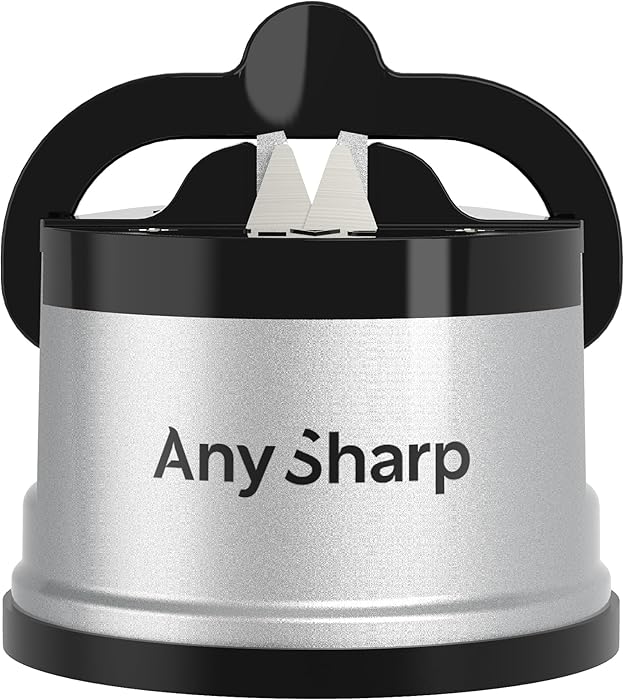 AnySharp Knife Sharpener, Hands-Free Safety, PowerGrip Suction, Safely Sharpens All Kitchen Knives, Ideal for Hardened Steel & Serrated, World's Best, Compact, One Size, Silver : Amazon.co.uk: Home & Kitchen