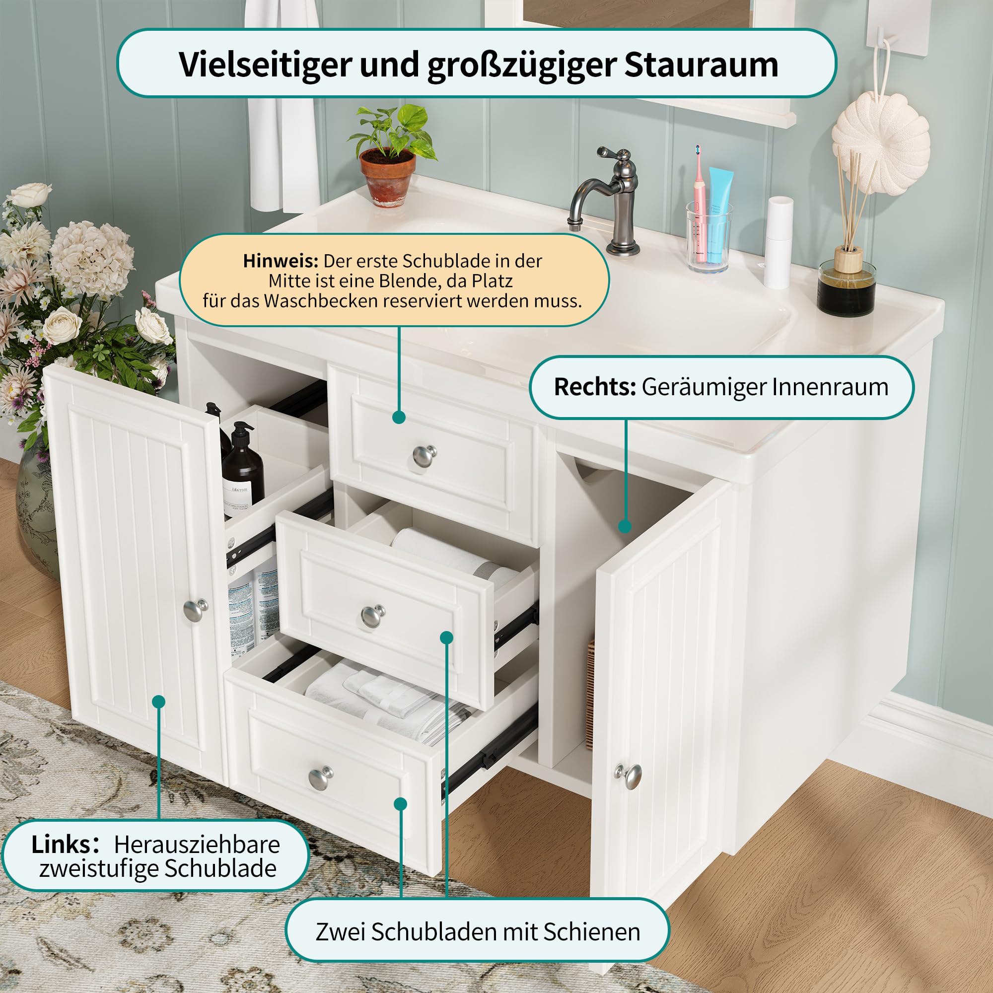Merax Mueble bajo lavabo, armario bajo, mueble de baño, armario bajo lavabo con 4 cajones y 1 puerta, lavabo colgante, estilo moderno, conjunto de muebles de baño, con lavabo, color blanco